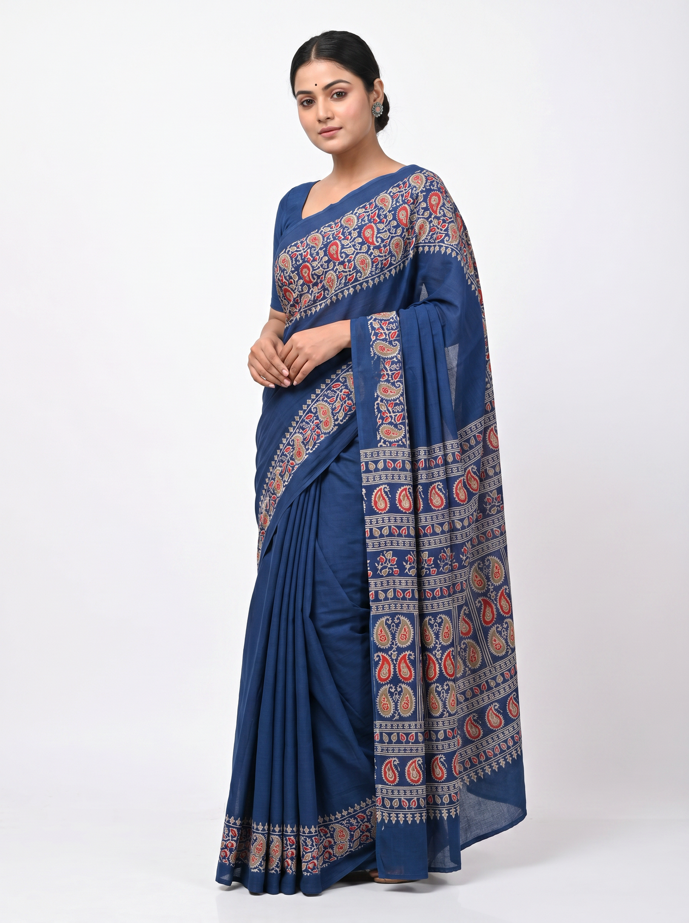Ink Blue + Grey pure mulmul cotton saree with blouse