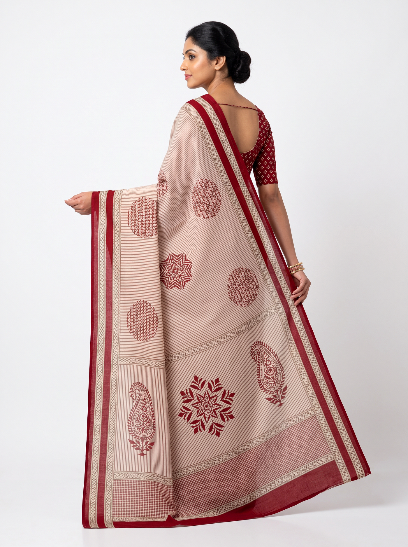 Maroon & Burnt Orange Self Design Mulmul Saree with Blouse - view 4
