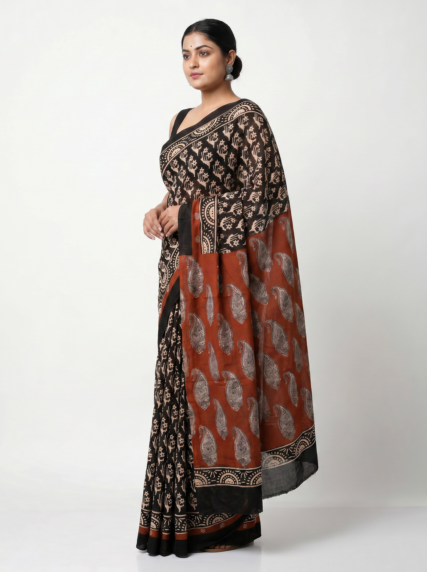 Pure Mulmul Cotton Saree | Maroon Handblock Print | Summer & Office Wear | With Blouse image 2