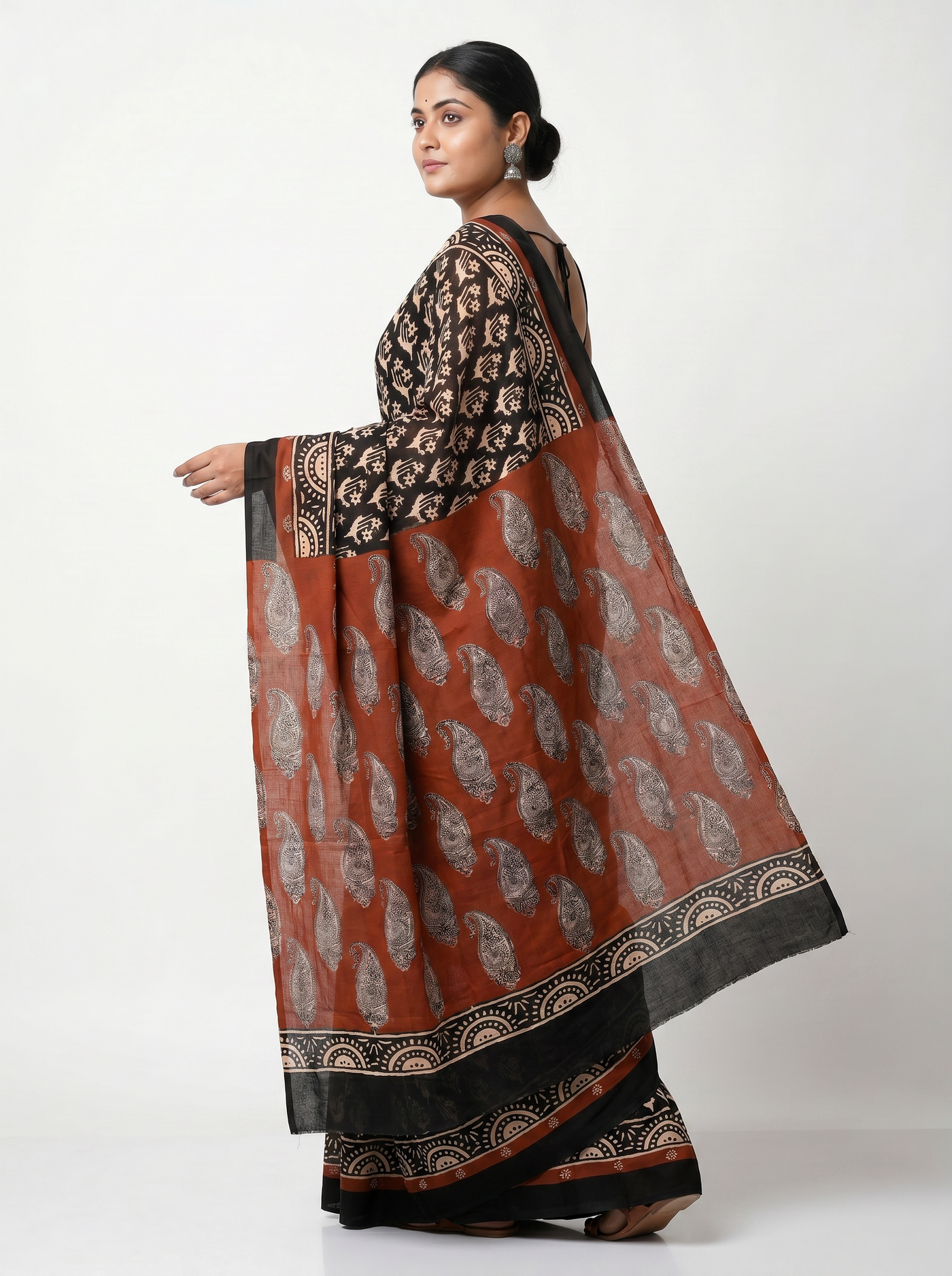 Pure Mulmul Cotton Saree | Maroon Handblock Print | Summer & Office Wear | With Blouse image 4