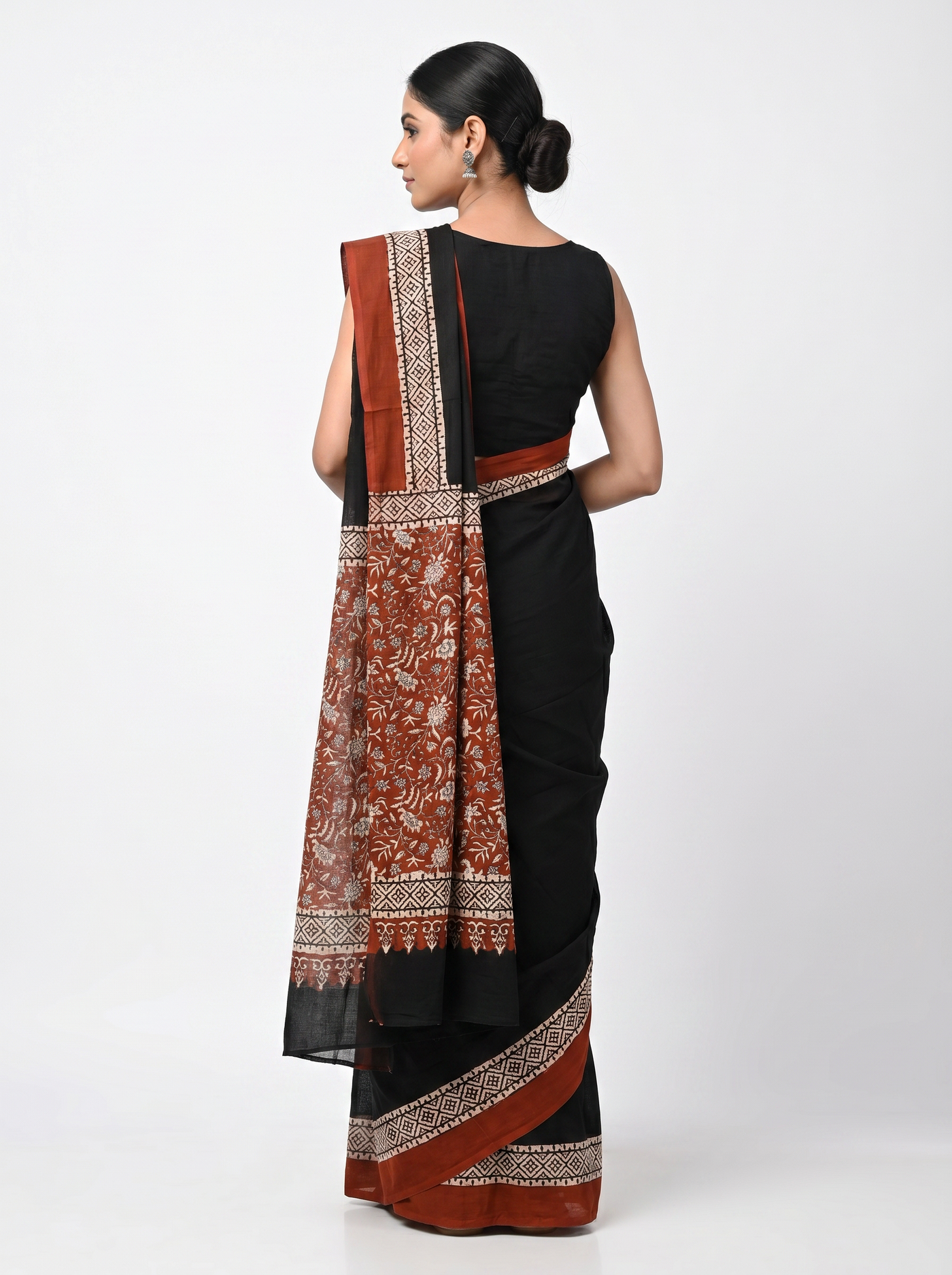 Pure Mulmul Cotton Saree | Multi Color + Maroon + Black Handblock Print | Summer & Office Wear | With Blouse image 3