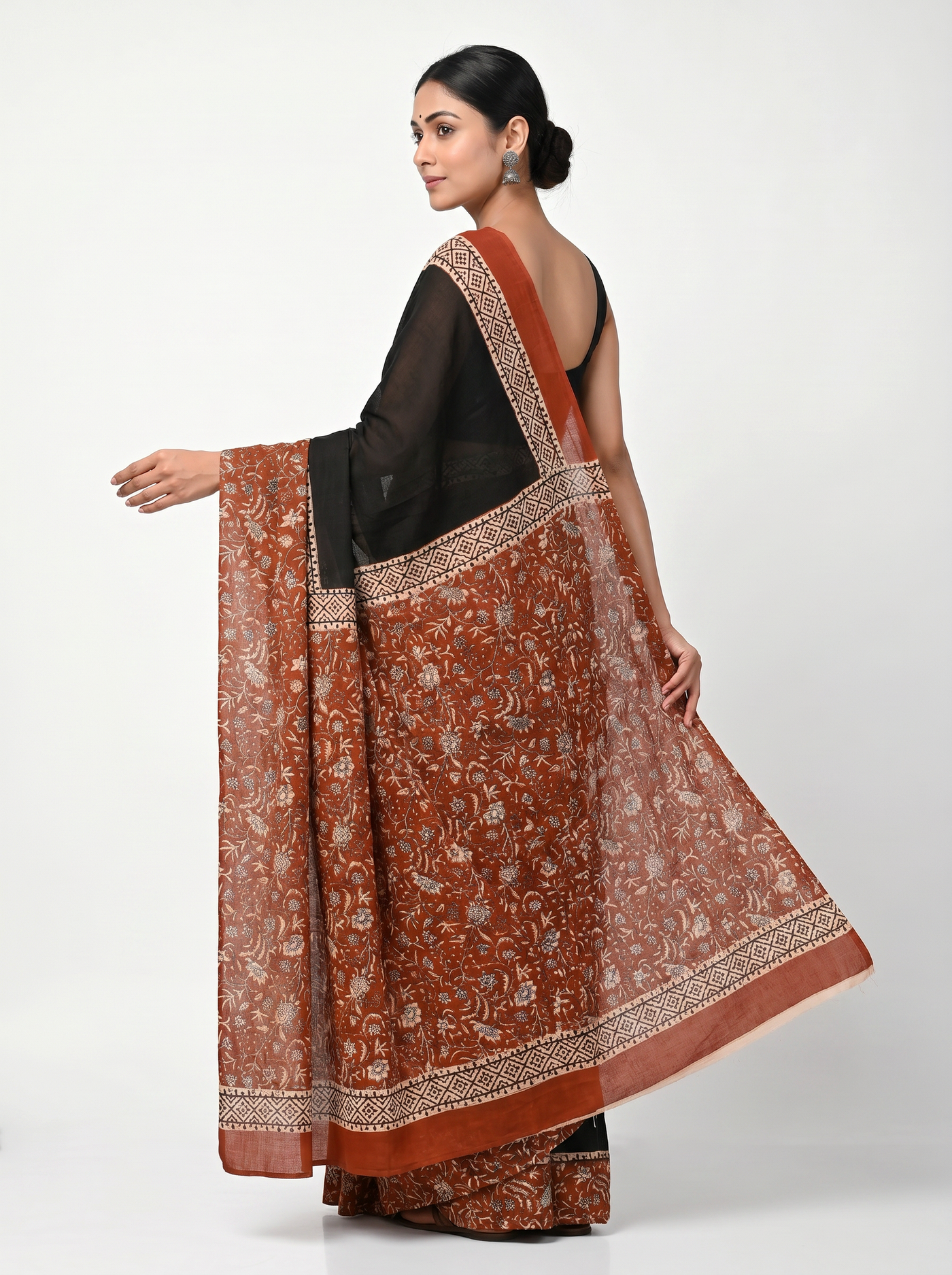 Pure Mulmul Cotton Saree | Multi Color + Maroon + Black Handblock Print | Summer & Office Wear | With Blouse image 4
