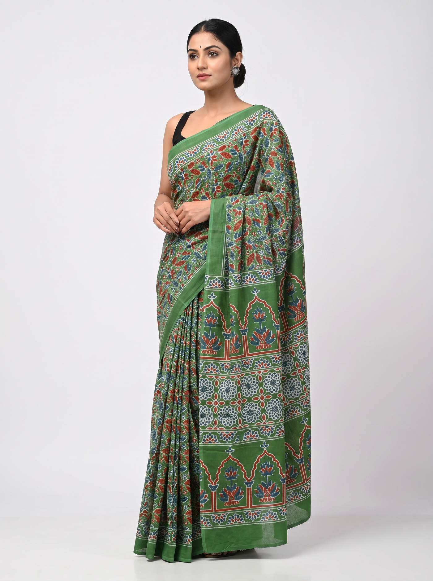 Mehendi Green + Teal Blue pure mulmul cotton saree with blouse