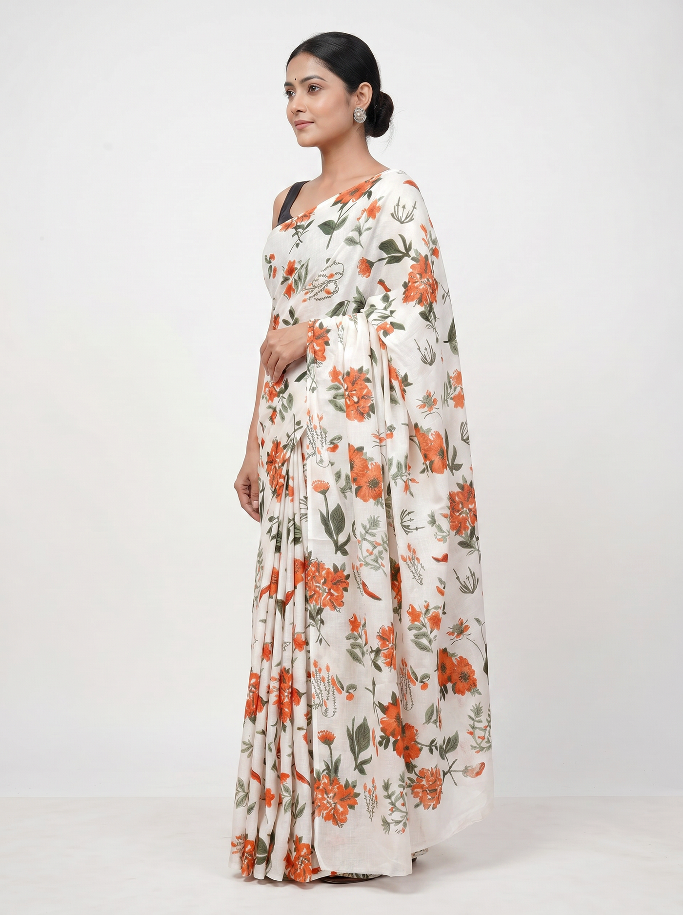 Pure Mulmul Cotton Saree | Multi Color + Off White Handblock Print | Summer & Office Wear | With Blouse image 2