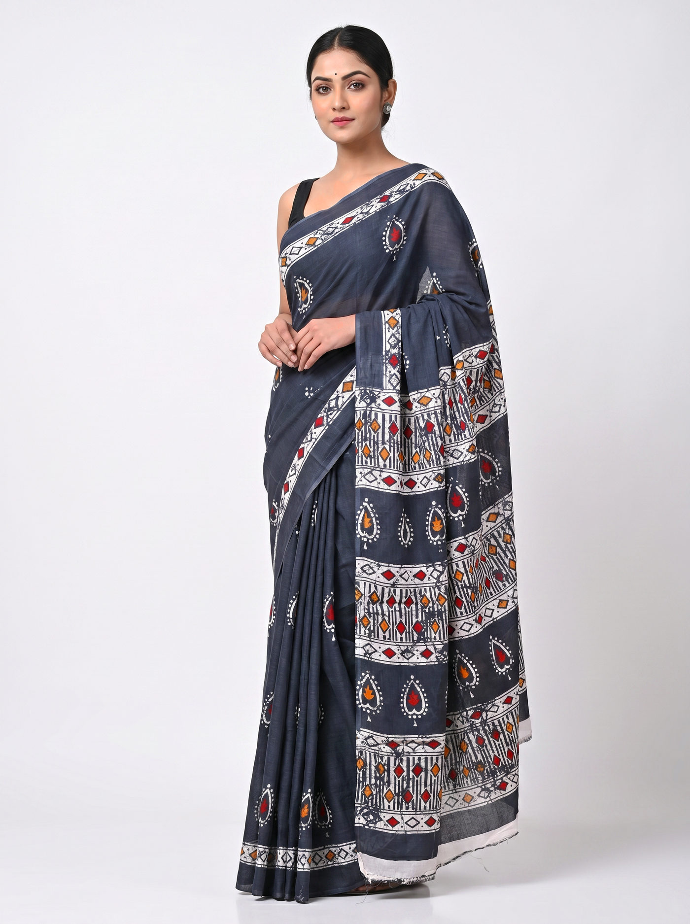 Charcoal Grey + Navy Blue + Grey pure mulmul cotton saree with blouse