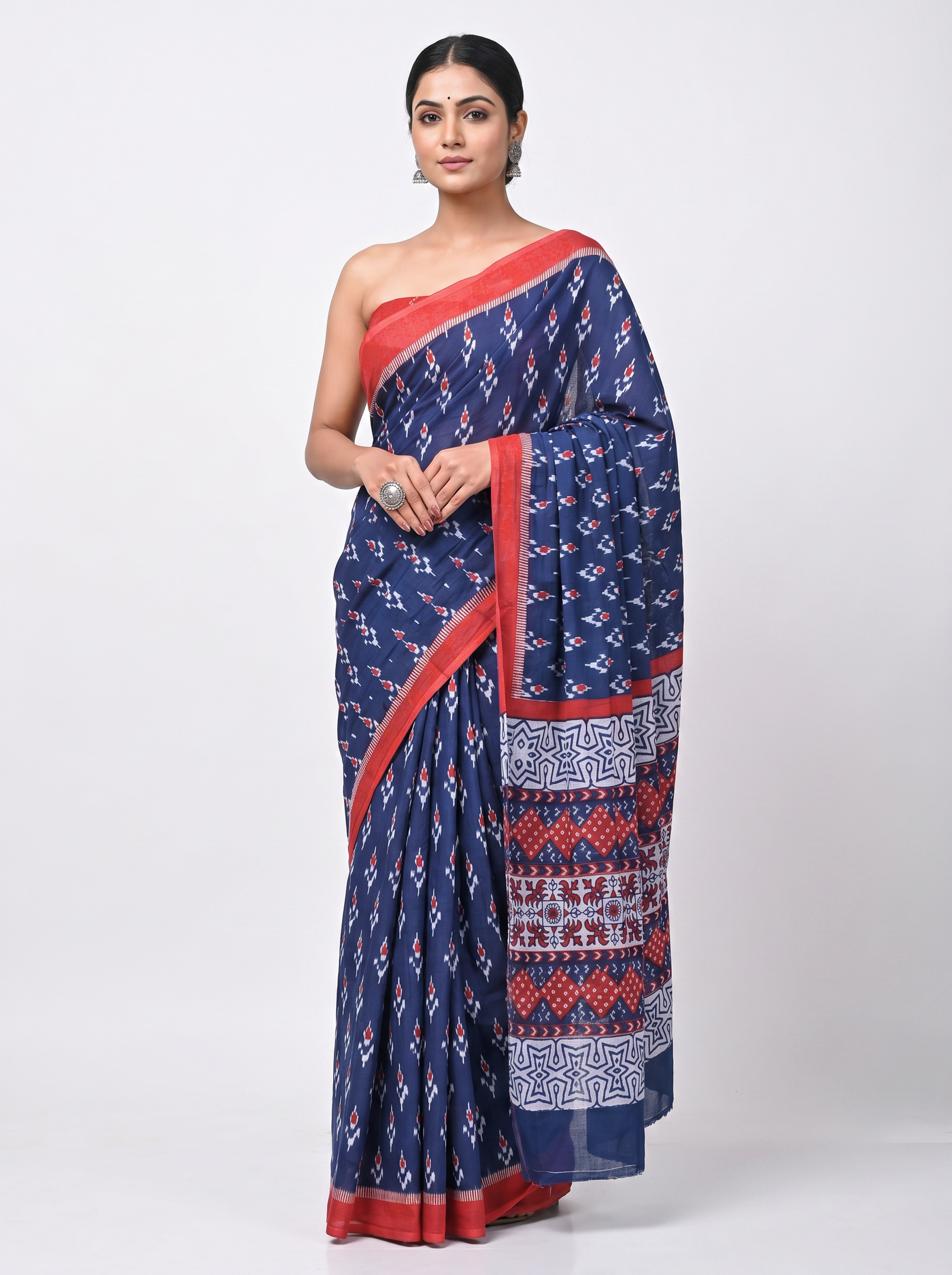 Navy Blue + Crimson pure mulmul cotton saree with blouse