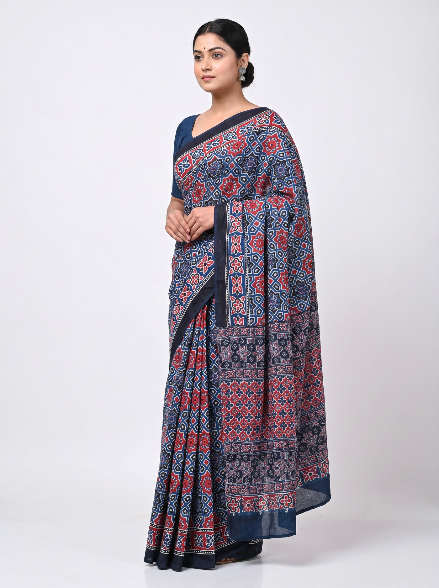 Deep Red + Navy Blue pure mulmul cotton saree with blouse