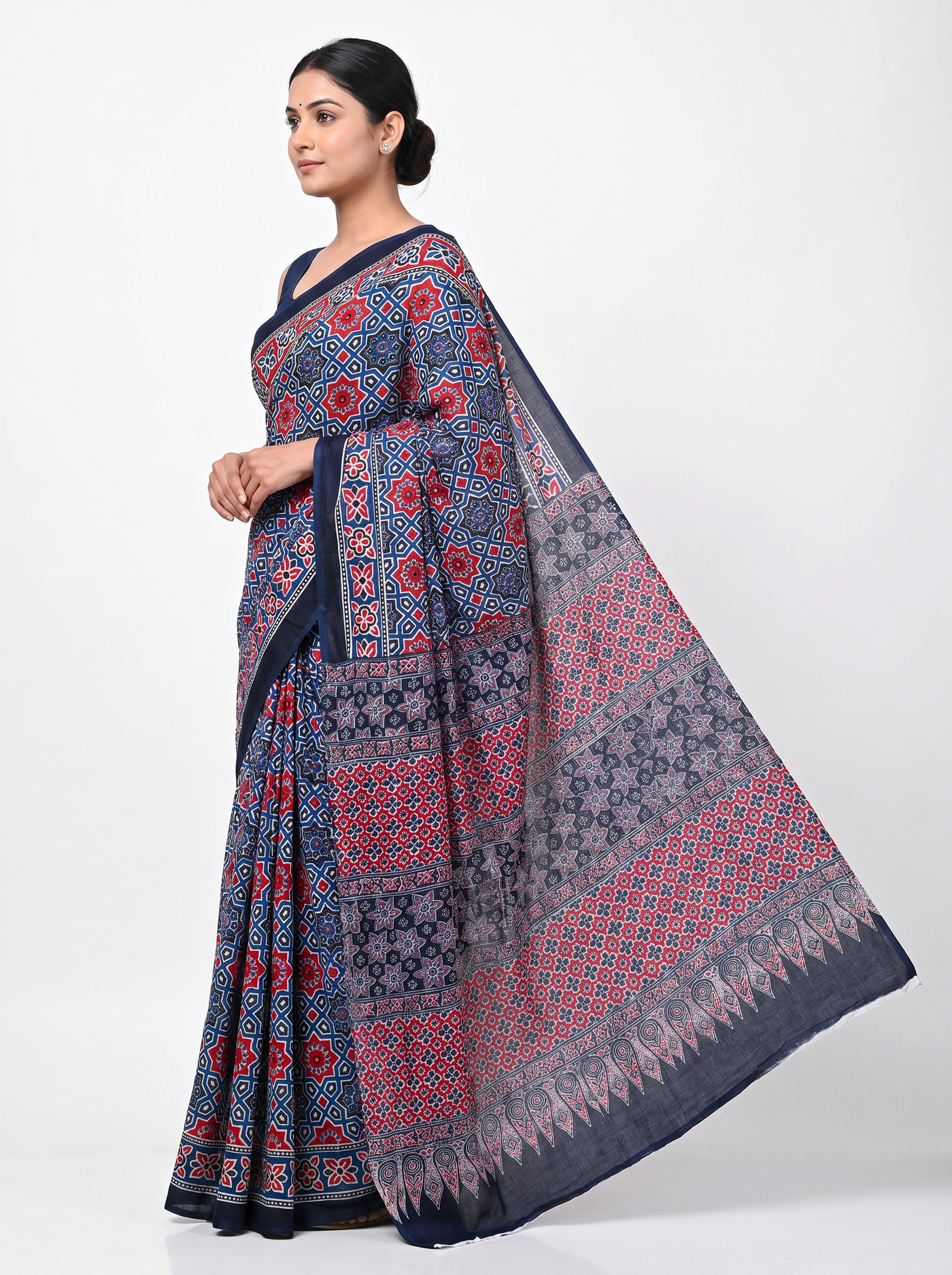 Pure Mulmul Cotton Saree | Deep Red + Navy Blue Handblock Print | Summer & Office Wear | With Blouse image 2