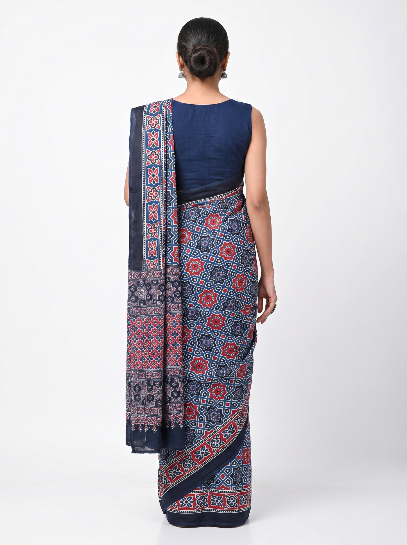 Pure Mulmul Cotton Saree | Deep Red + Navy Blue Handblock Print | Summer & Office Wear | With Blouse image 3
