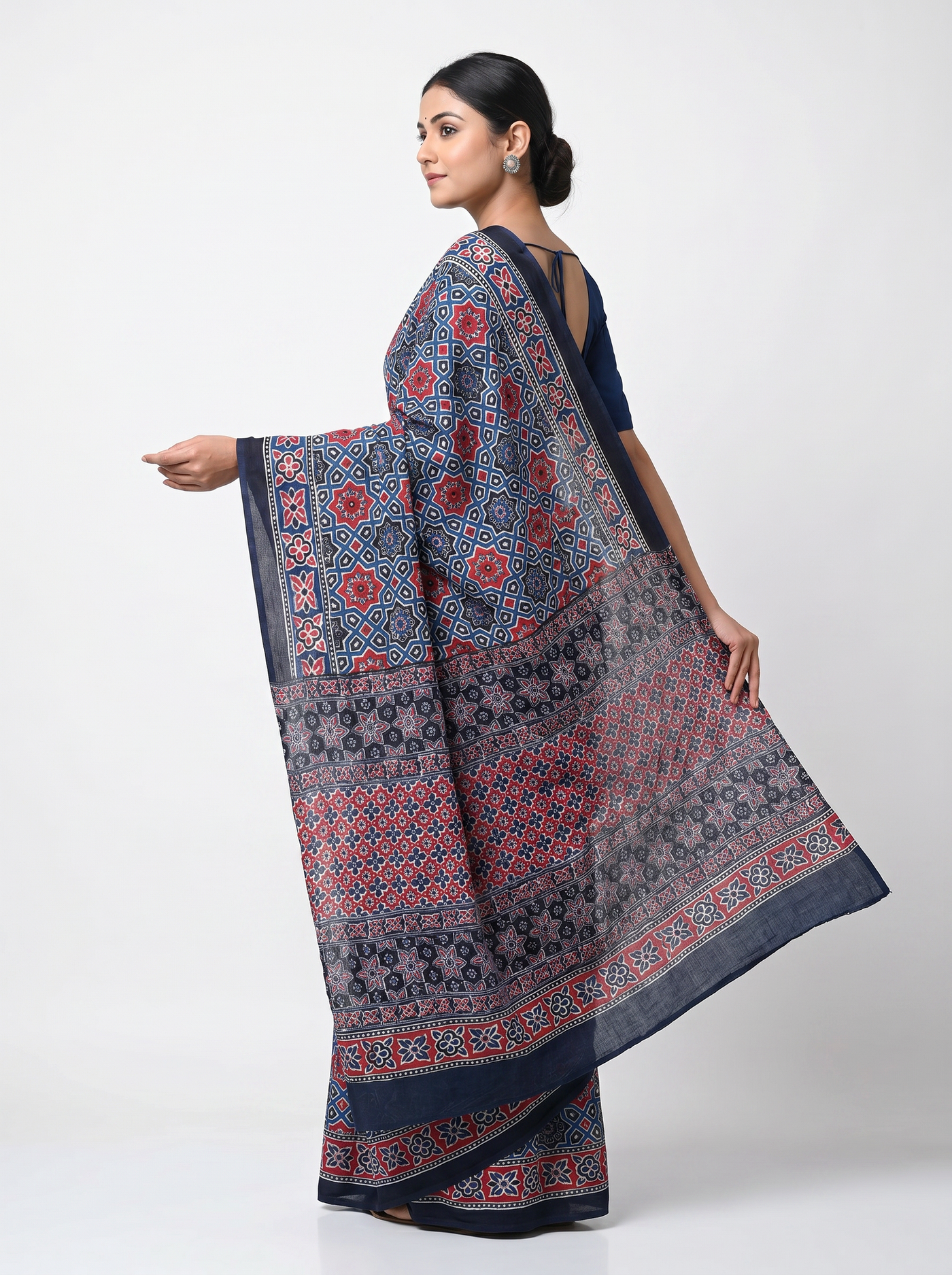 Pure Mulmul Cotton Saree | Deep Red + Navy Blue Handblock Print | Summer & Office Wear | With Blouse image 4