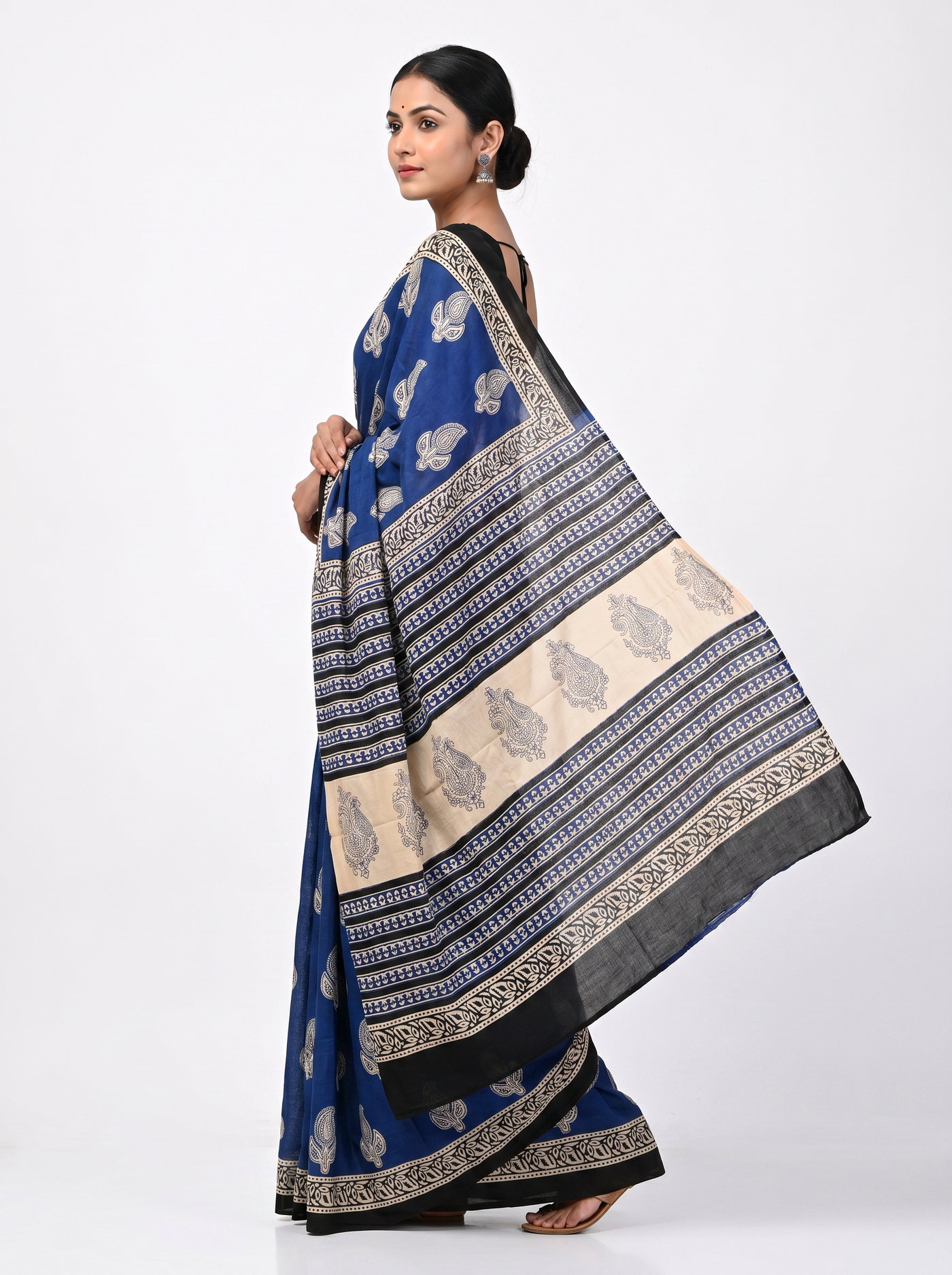 Pure Mulmul Cotton Saree | Navy Blue + Grey Handblock Print | Summer & Office Wear | With Blouse image 4