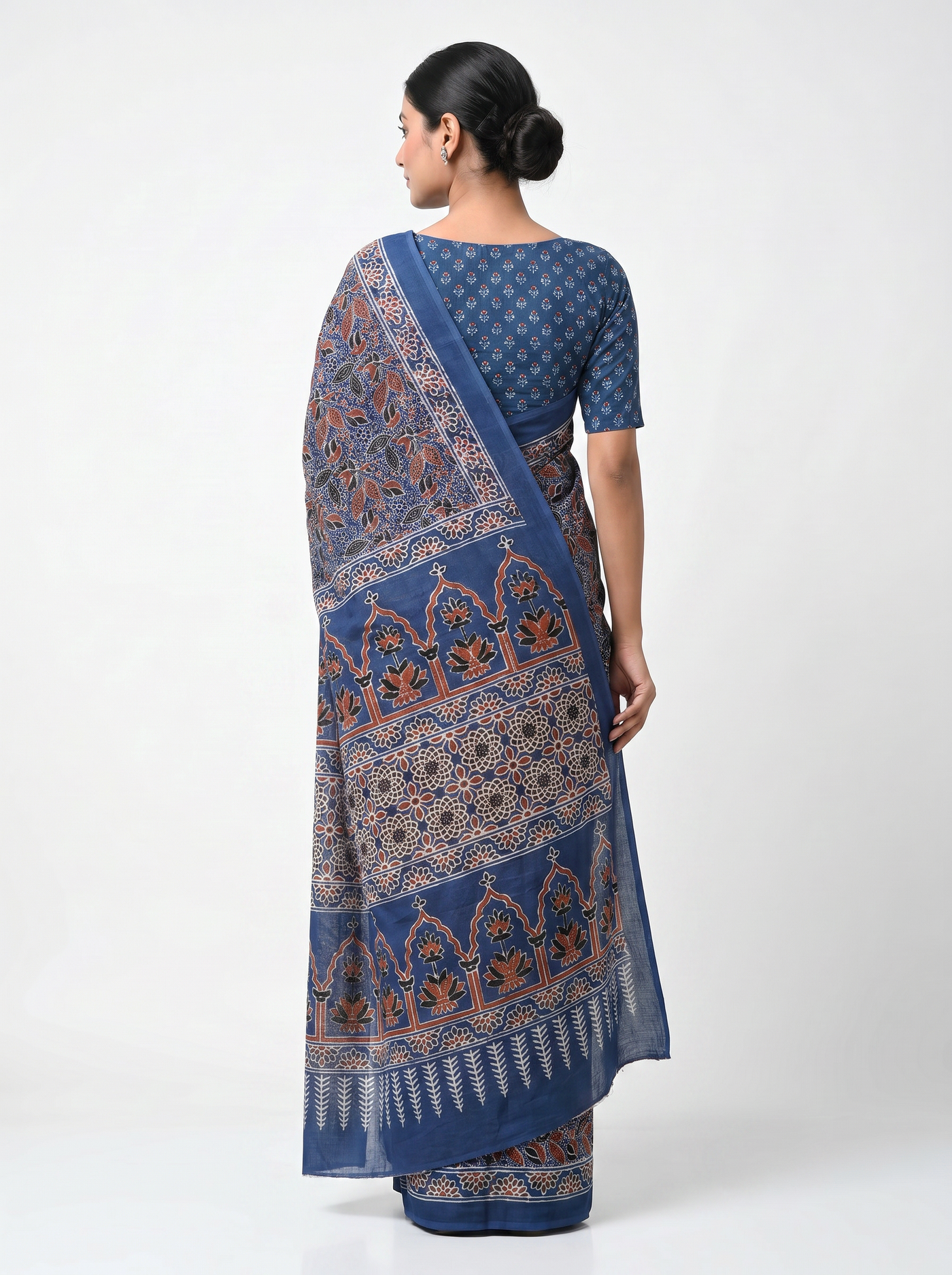 Pure Mulmul Cotton Saree | Charcoal Grey + Navy Blue + Grey + Wine Handblock Print | Summer & Office Wear | With Blouse image 3