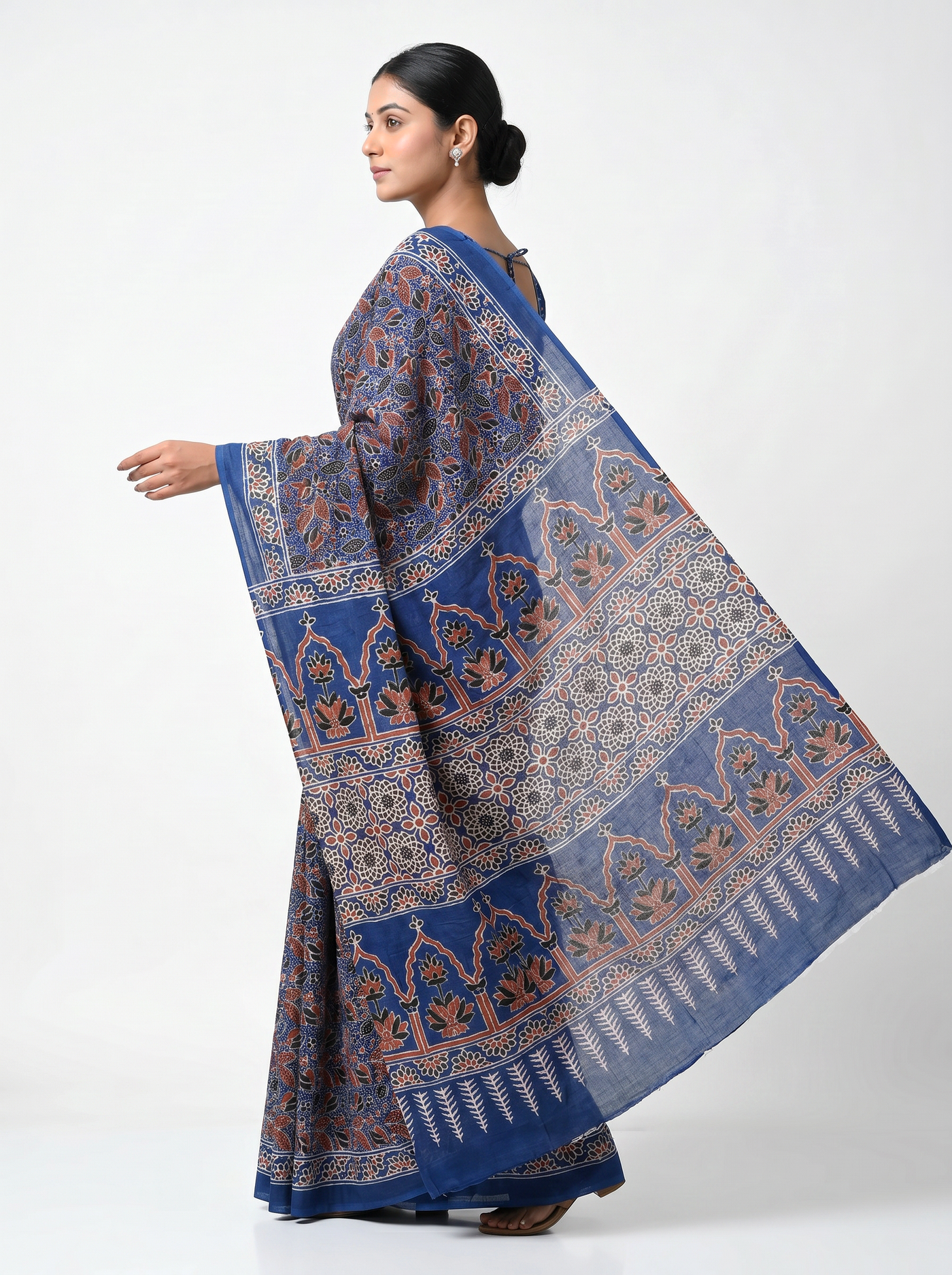 Pure Mulmul Cotton Saree | Charcoal Grey + Navy Blue + Grey + Wine Handblock Print | Summer & Office Wear | With Blouse image 4