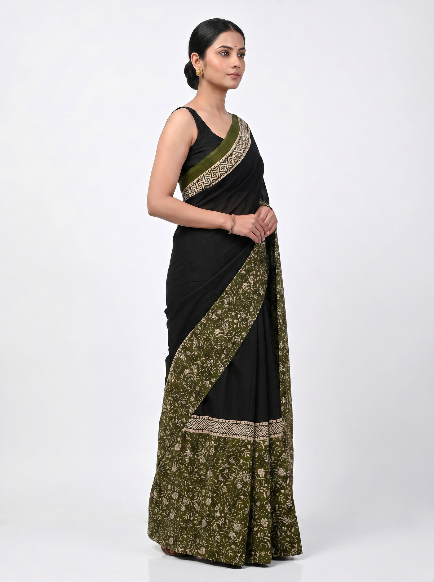 Pure Mulmul Cotton Saree | Ochre Handblock Print | Summer & Office Wear | With Blouse image 2