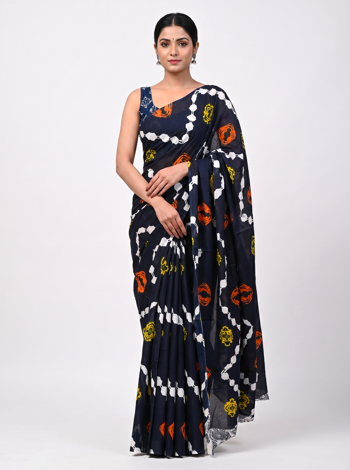 Ink Blue + Ochre + Black pure mulmul cotton saree with blouse