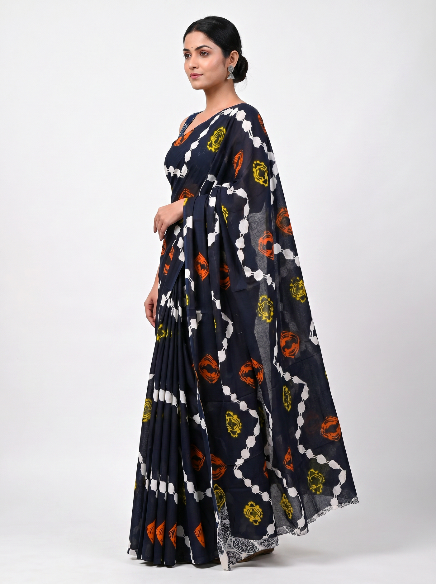 Pure Mulmul Cotton Saree | Ink Blue + Ochre + Black Handblock Print | Summer & Office Wear | With Blouse image 2