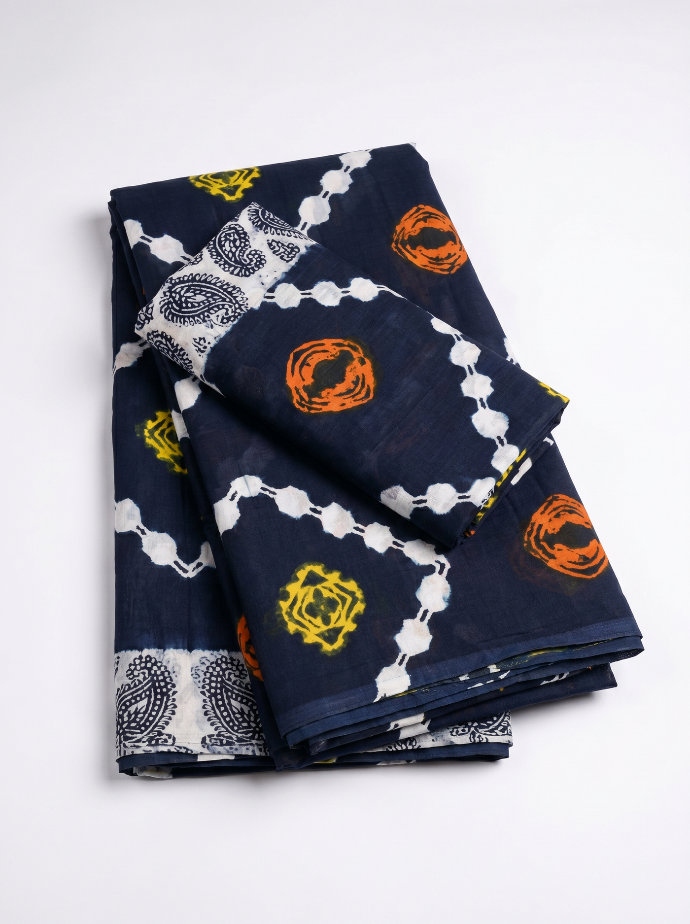 Pure Mulmul Cotton Saree | Ink Blue + Ochre + Black Handblock Print | Summer & Office Wear | With Blouse image 5