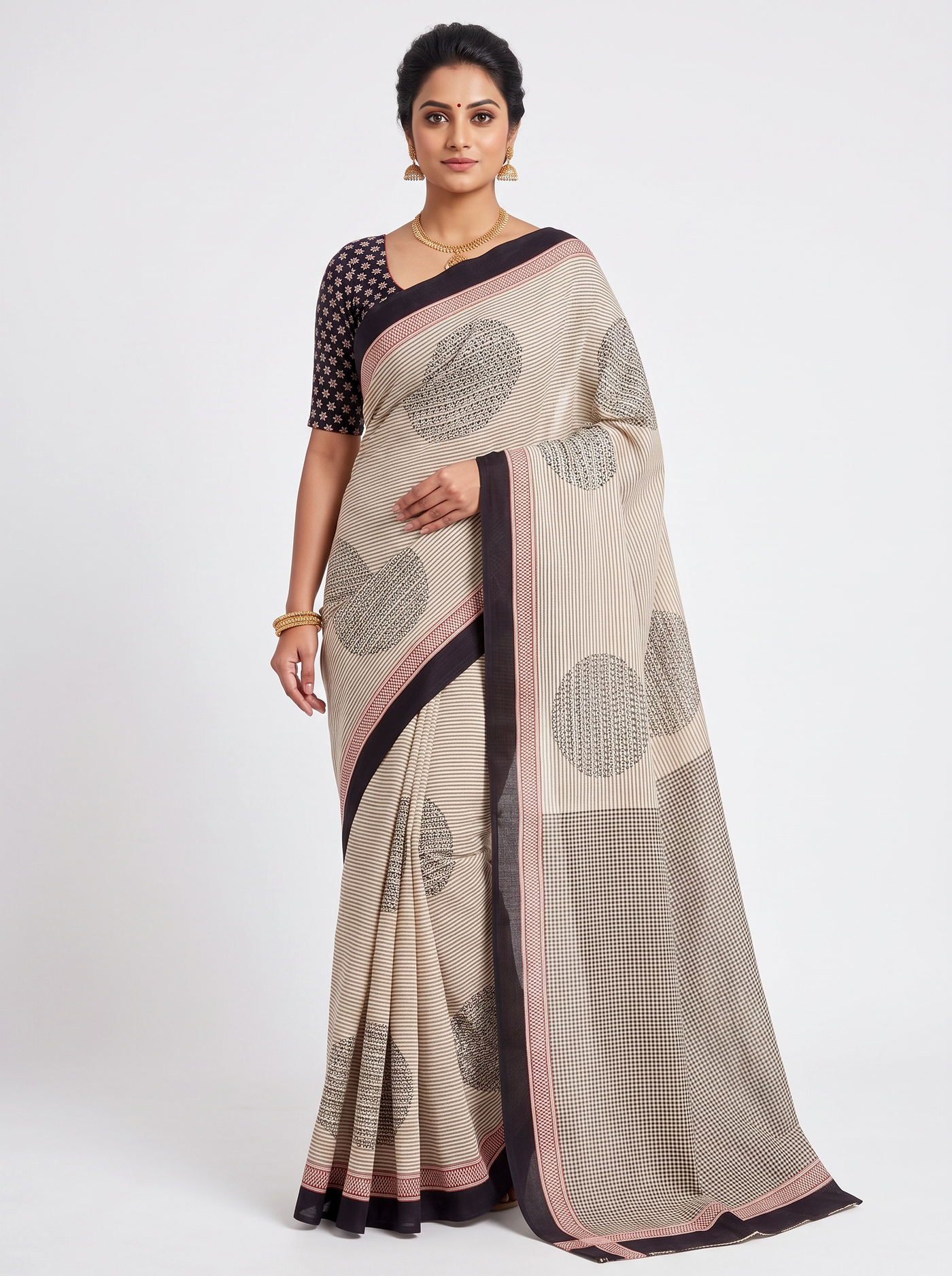 Peach Beige Multi Colour Self Design Mulmul Saree with Blouse