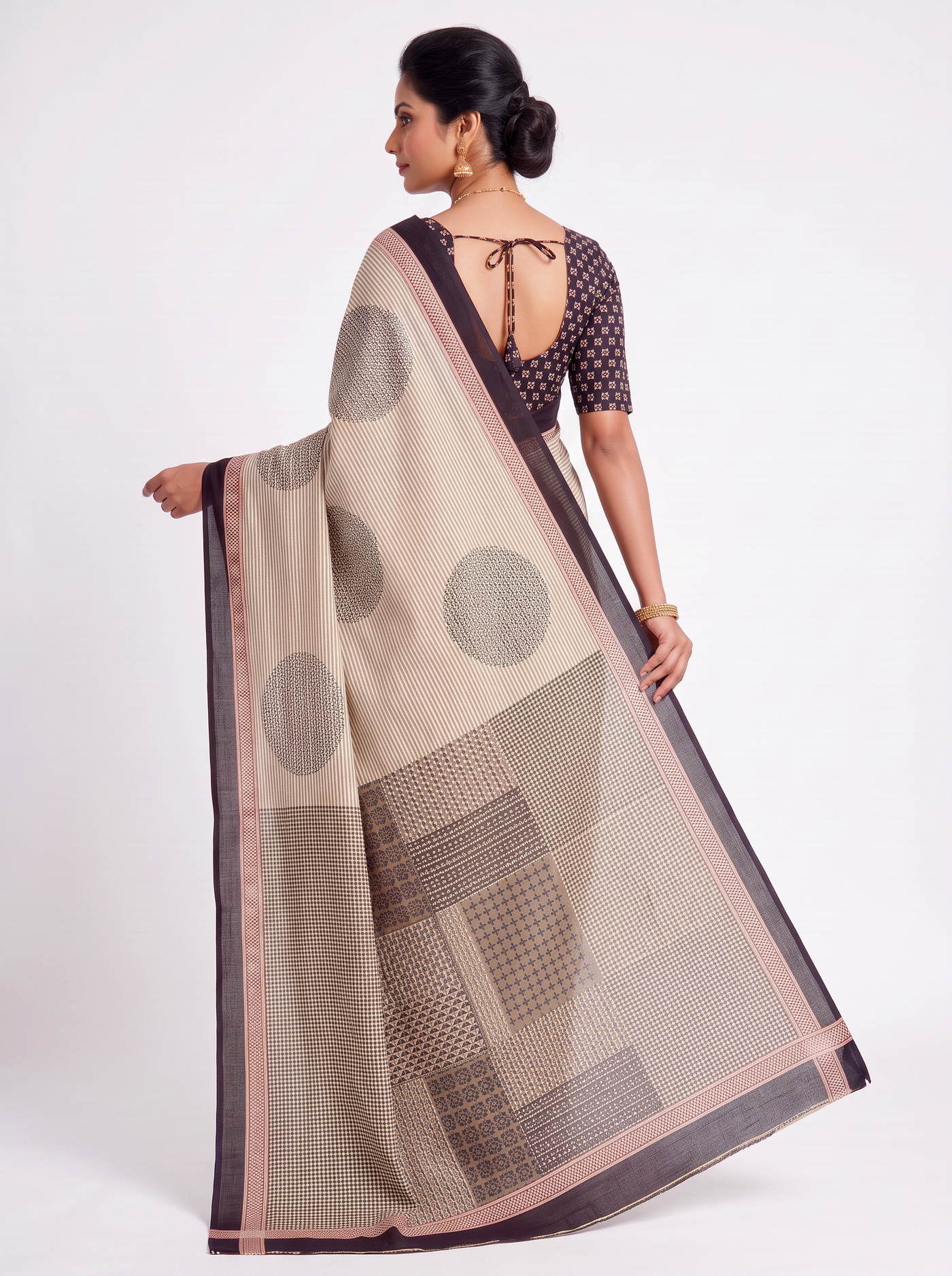 Peach Beige Multi Colour Self Design Mulmul Saree with Blouse - view 3