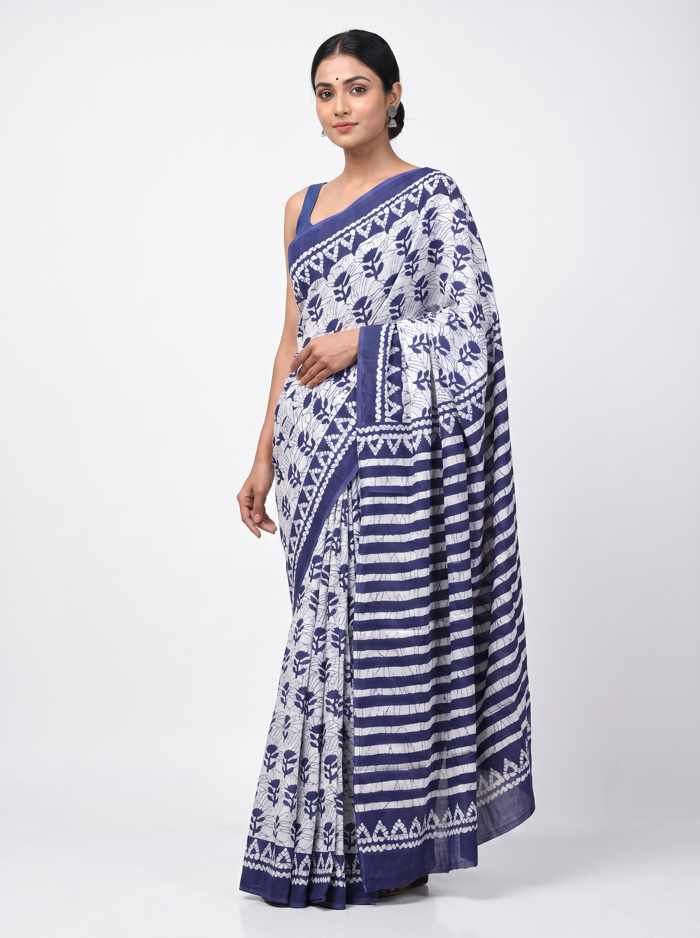 Ink Blue + Plum pure mulmul cotton saree with blouse