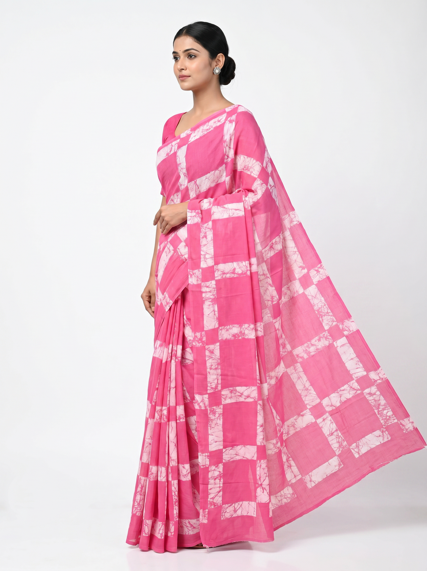 Pure Mulmul Cotton Saree | Deep Red + Rani Pink Handblock Print | Summer & Office Wear | With Blouse image 2
