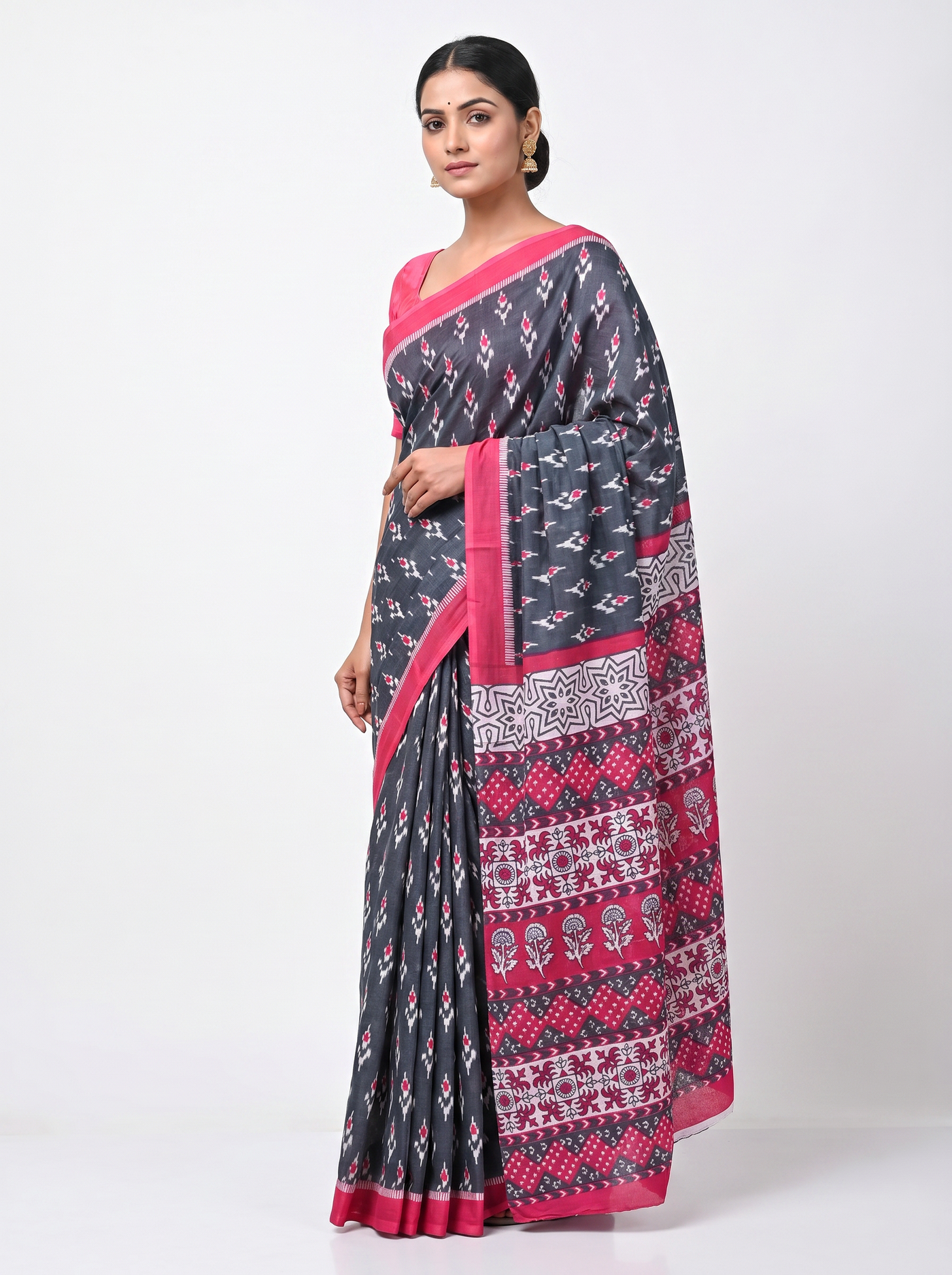 Charcoal Grey + Navy Blue + Rani Pink + Grey pure mulmul cotton saree with blouse