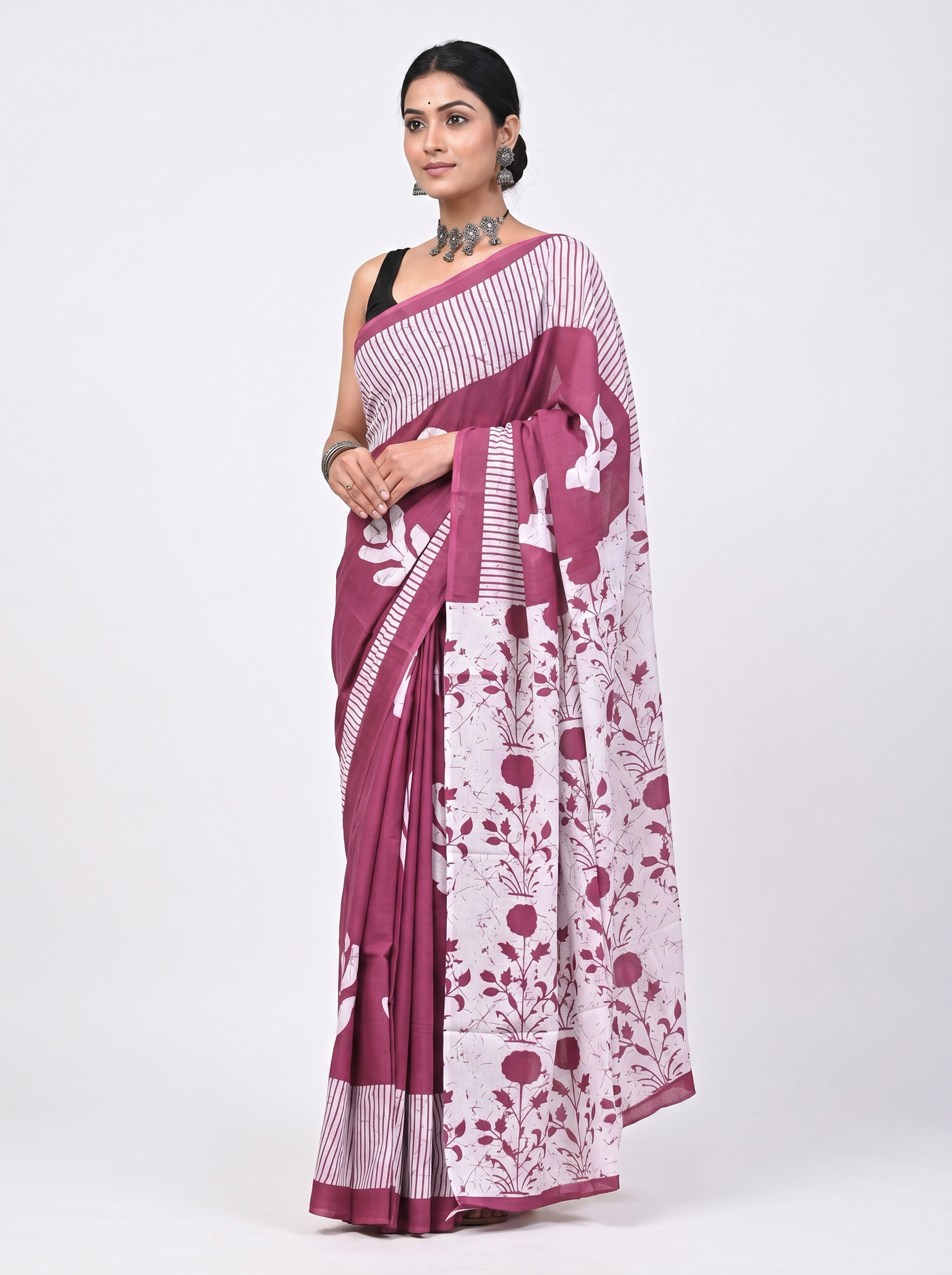 Off White + Rose Pink + Beige pure mulmul cotton saree with blouse