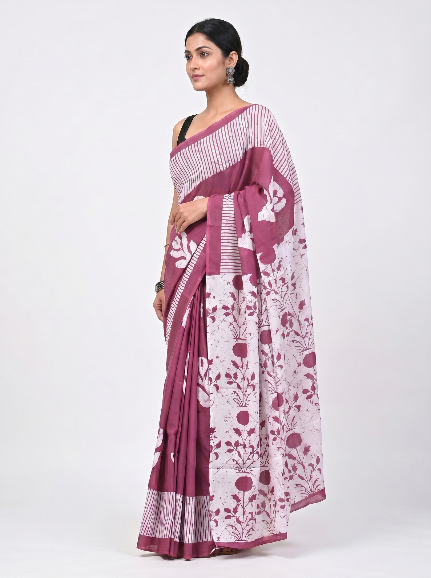 Pure Mulmul Cotton Saree | Off White + Rose Pink + Beige Handblock Print | Summer & Office Wear | With Blouse image 2