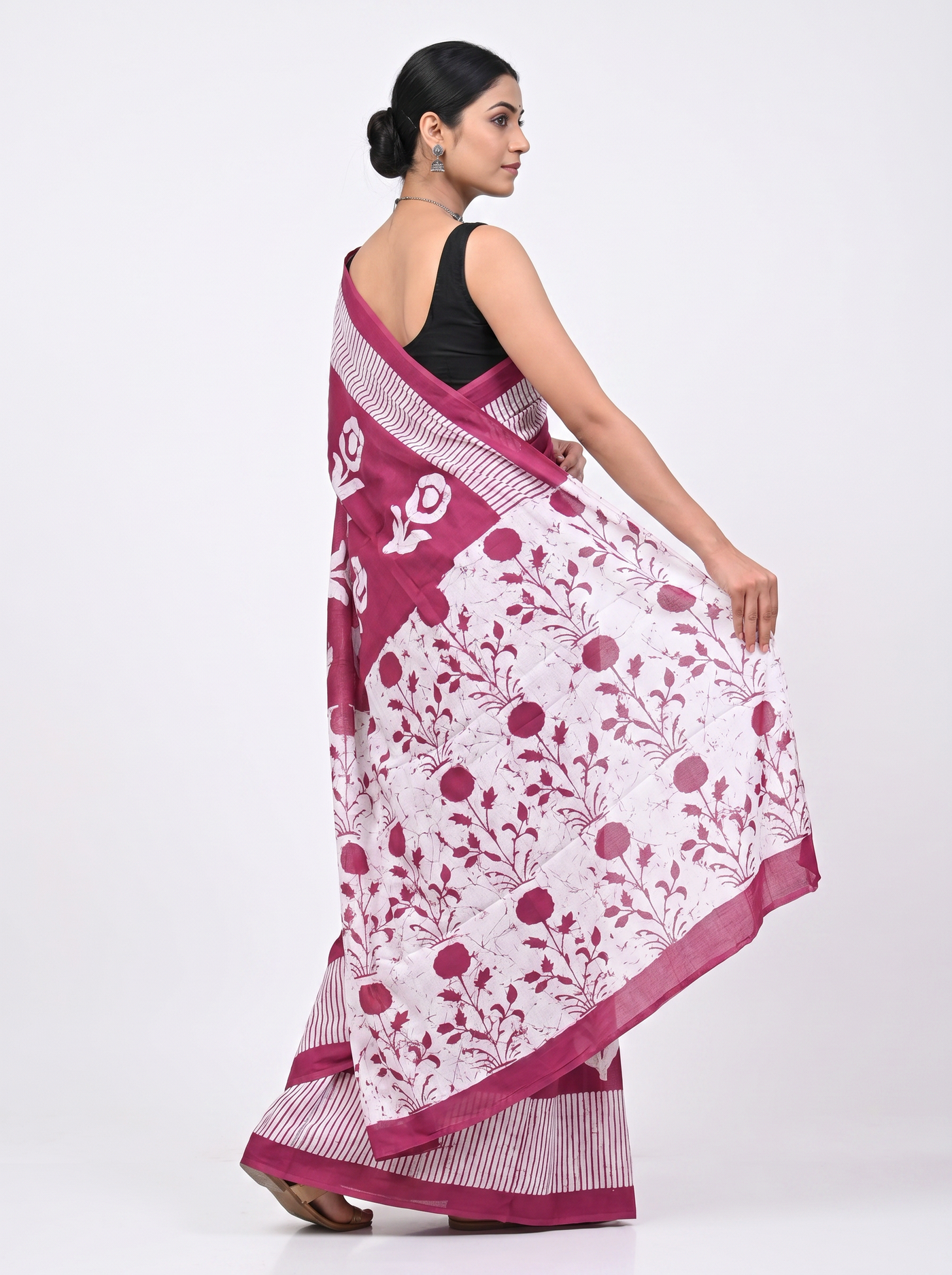 Pure Mulmul Cotton Saree | Off White + Rose Pink + Beige Handblock Print | Summer & Office Wear | With Blouse image 4
