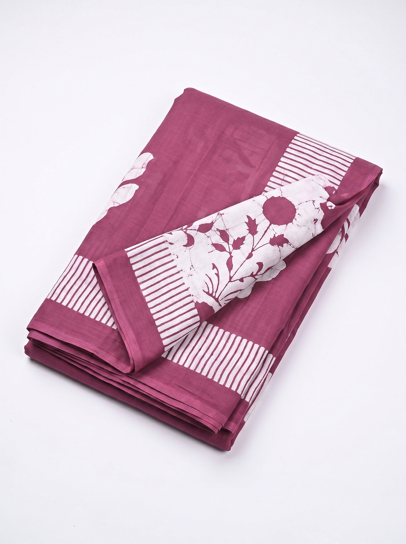 Pure Mulmul Cotton Saree | Off White + Rose Pink + Beige Handblock Print | Summer & Office Wear | With Blouse image 5
