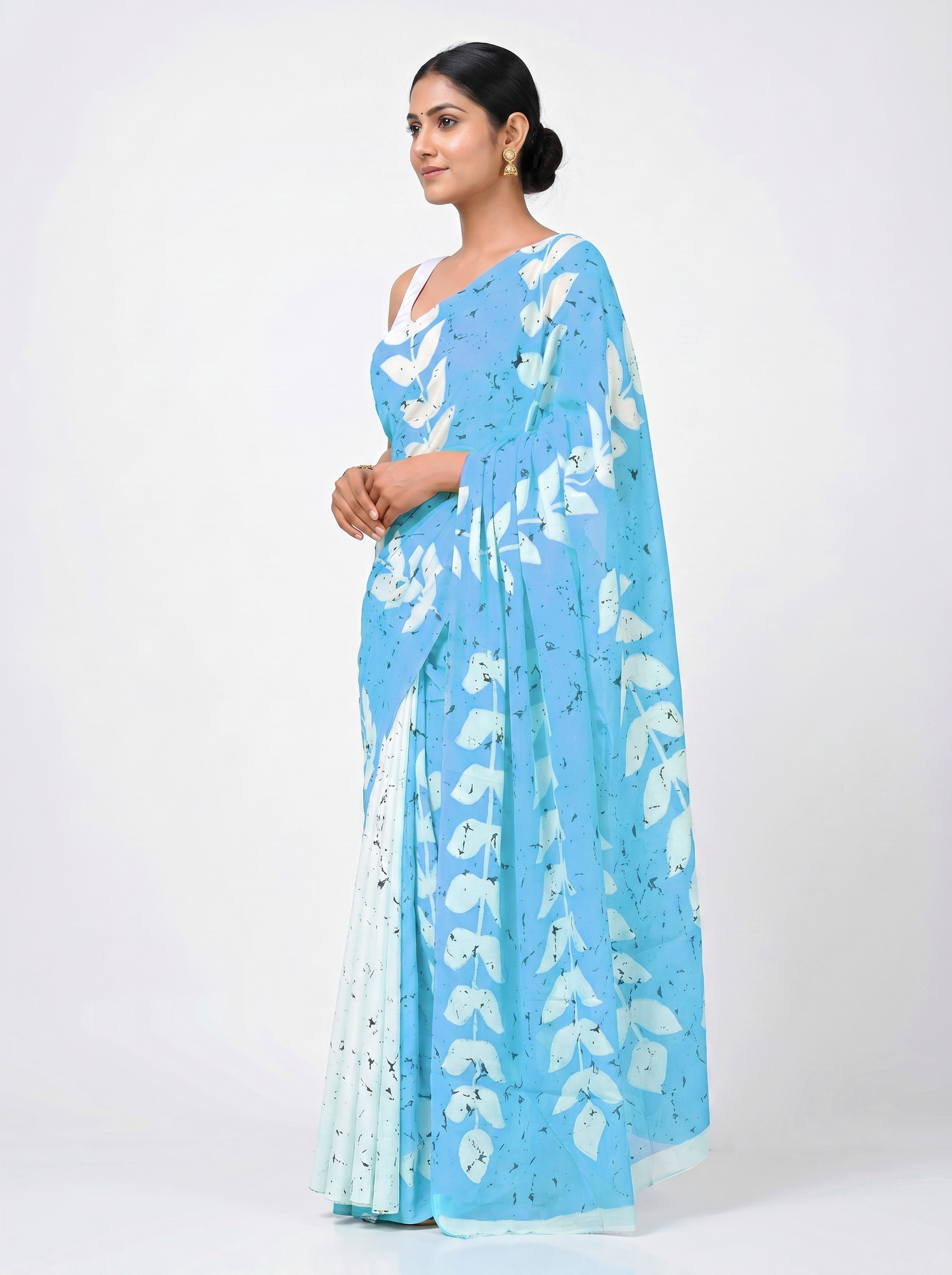 Pure Mulmul Cotton Saree | Sky Blue Handblock Print | Summer & Office Wear | With Blouse image 2