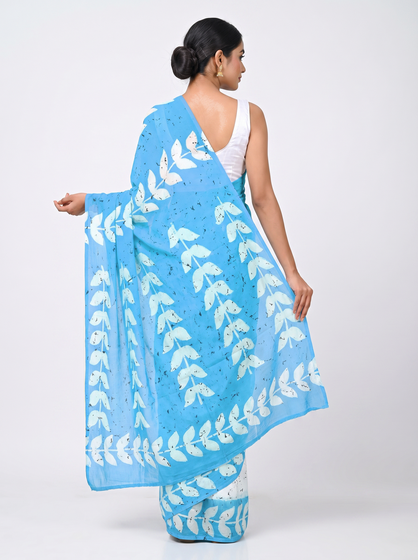 Pure Mulmul Cotton Saree | Sky Blue Handblock Print | Summer & Office Wear | With Blouse image 3
