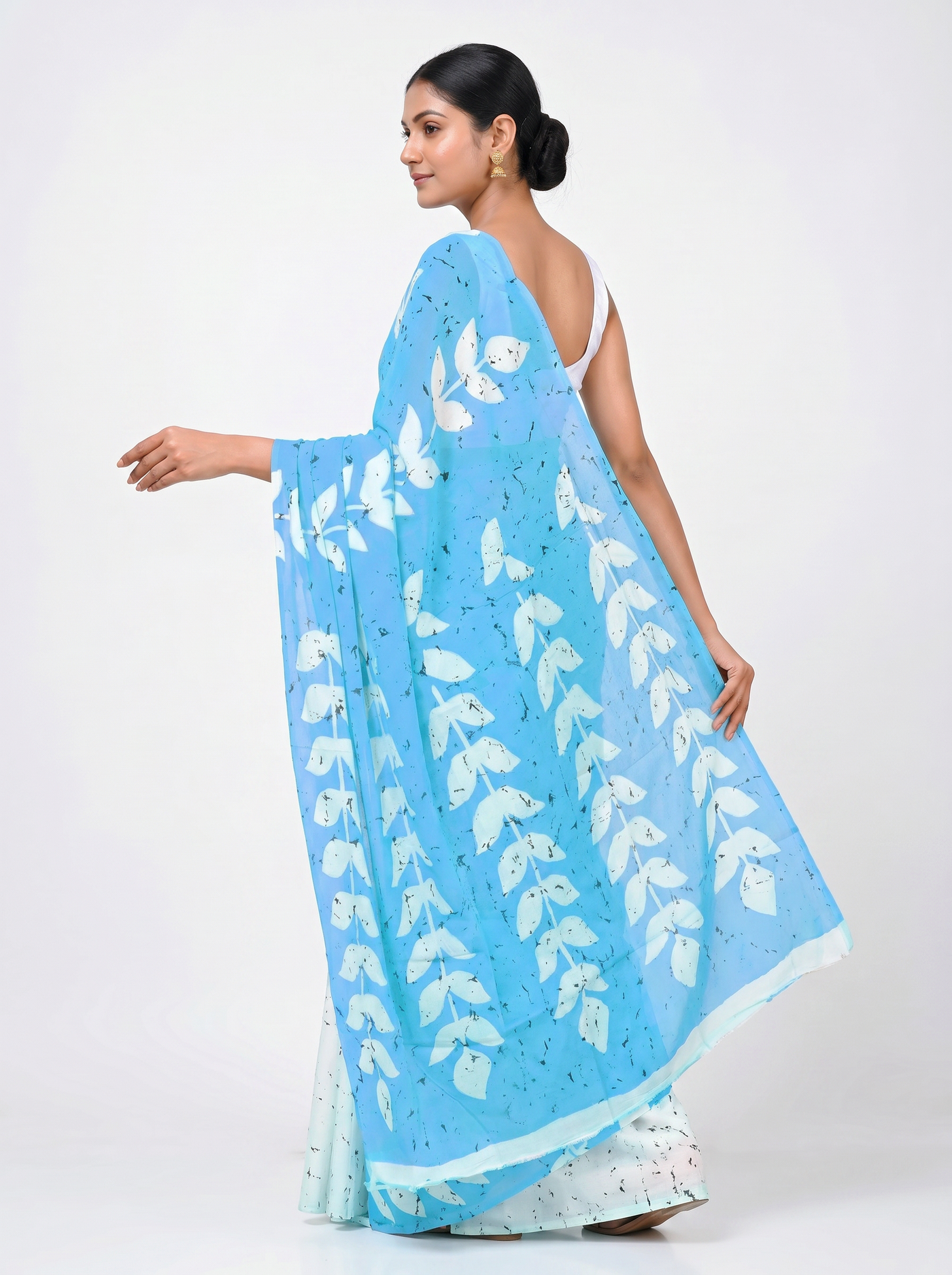 Pure Mulmul Cotton Saree | Sky Blue Handblock Print | Summer & Office Wear | With Blouse image 4