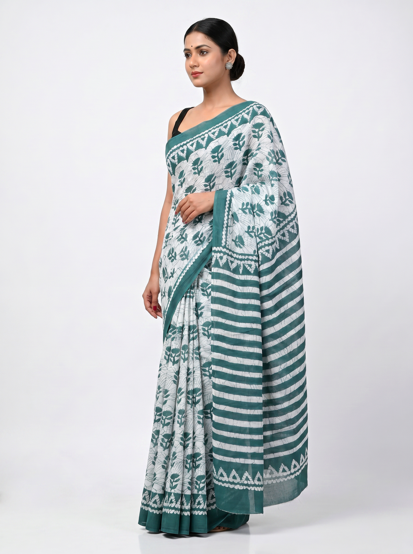 Pure Mulmul Cotton Saree | Teal Blue Handblock Print | Summer & Office Wear | With Blouse | Design 2 image 2