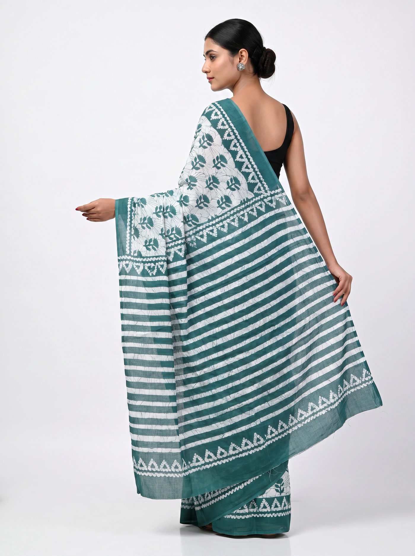 Pure Mulmul Cotton Saree | Teal Blue Handblock Print | Summer & Office Wear | With Blouse | Design 2 image 4