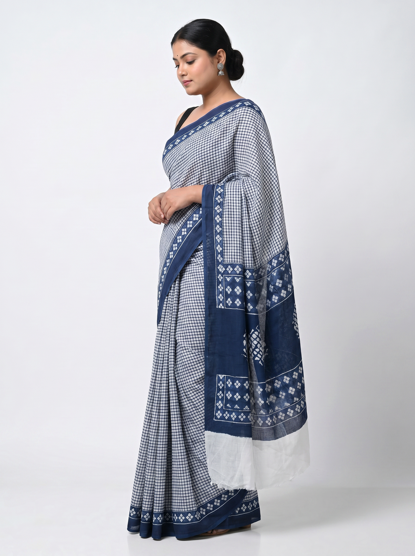 Pure Mulmul Cotton Saree | Teal Blue Handblock Print | Summer & Office Wear | With Blouse image 2
