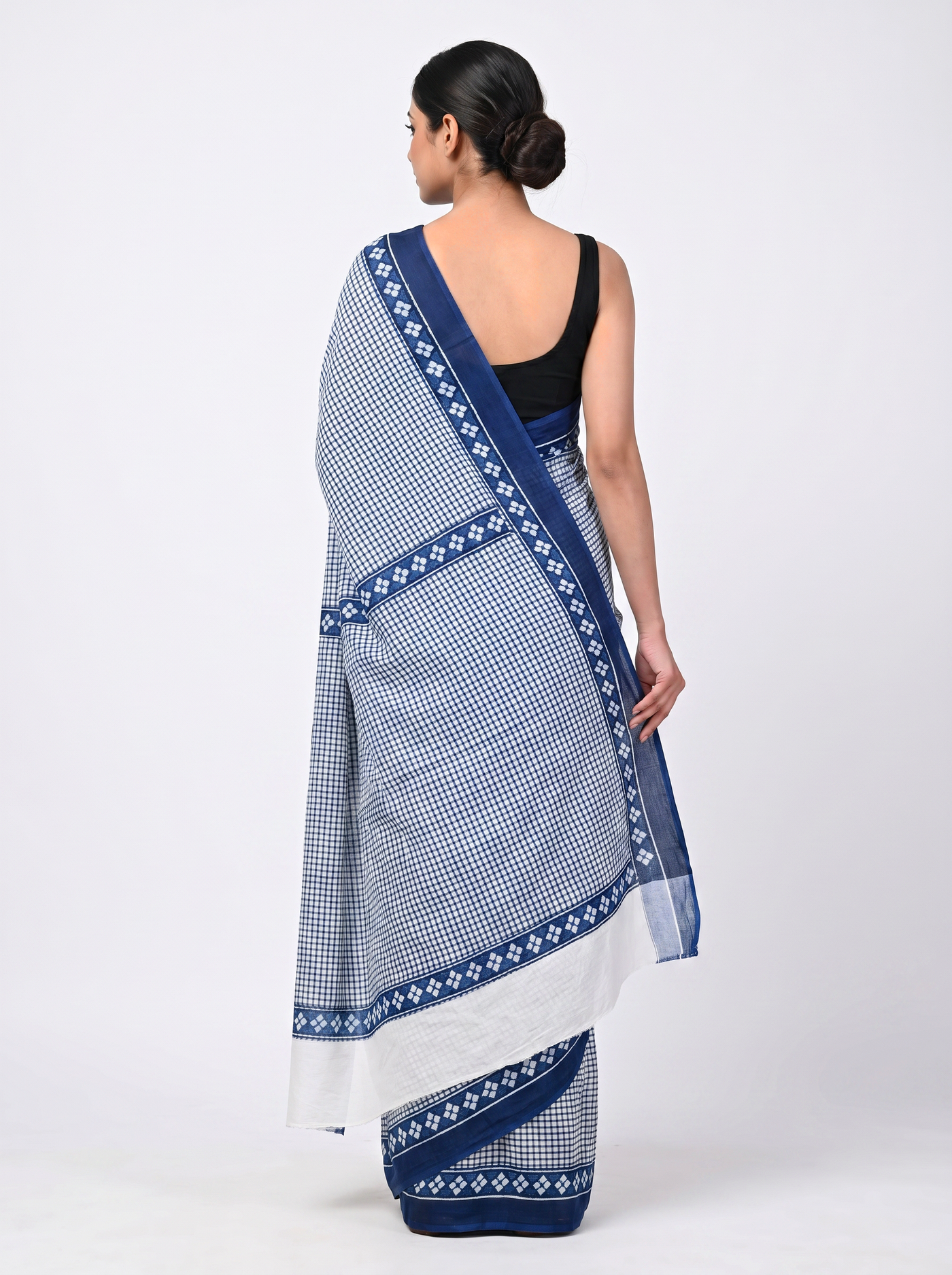 Pure Mulmul Cotton Saree | Teal Blue Handblock Print | Summer & Office Wear | With Blouse image 3