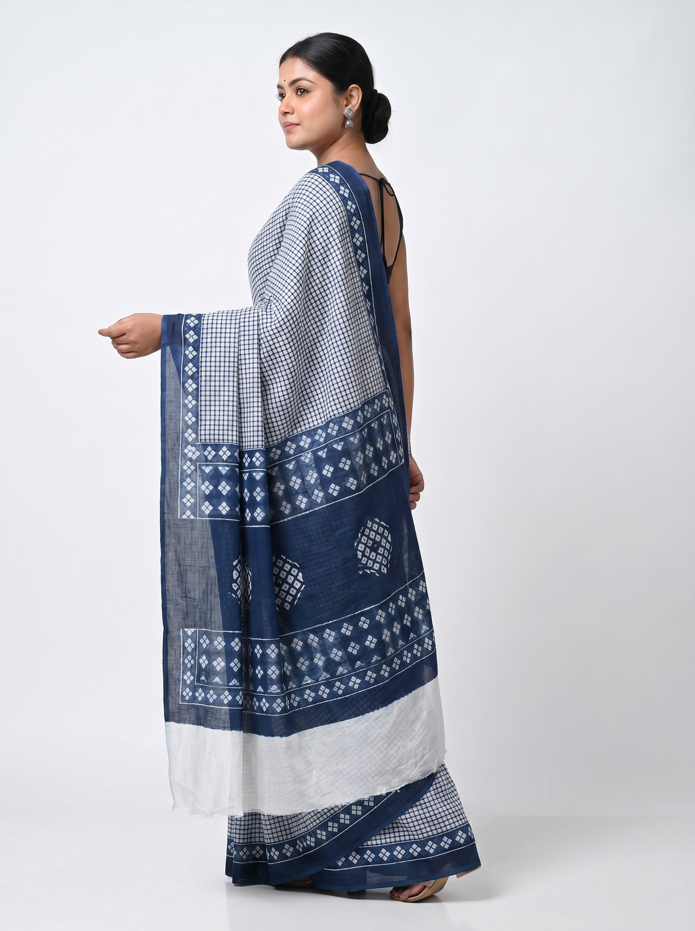 Pure Mulmul Cotton Saree | Teal Blue Handblock Print | Summer & Office Wear | With Blouse image 4