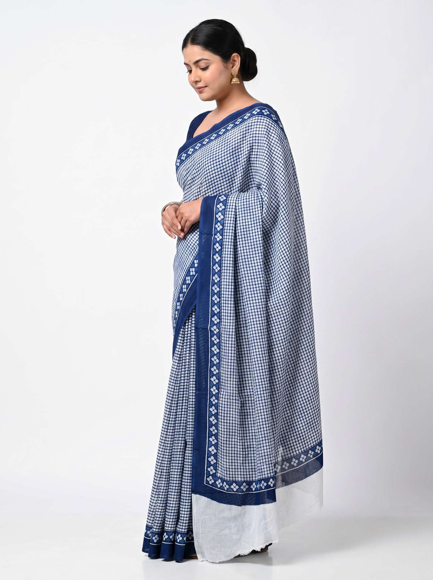 Pure Mulmul Cotton Saree | Teal Blue Handblock Print | Summer & Office Wear | With Blouse image 5