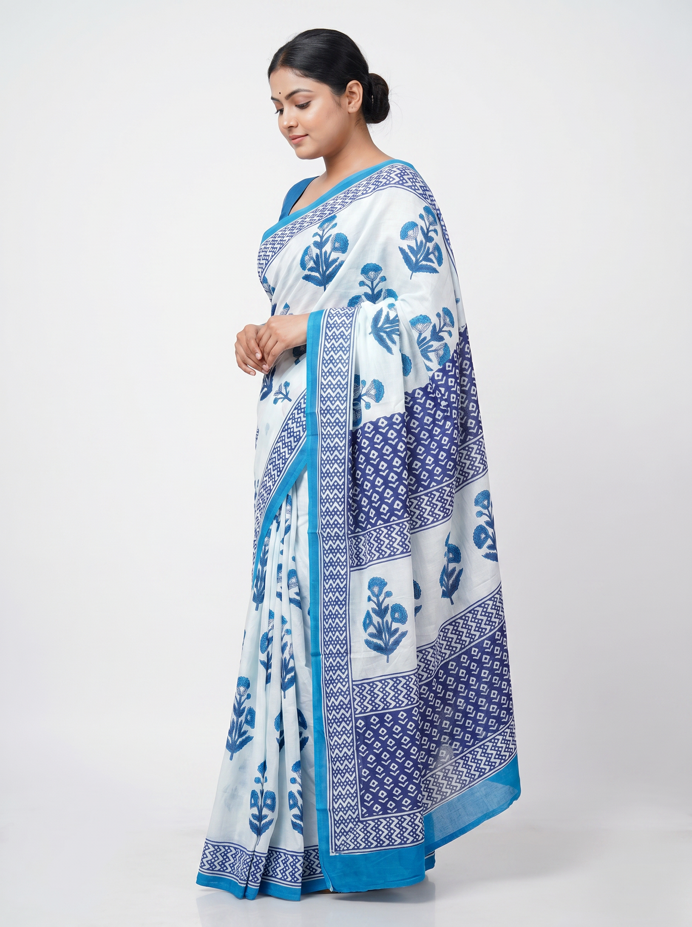 Pure Mulmul Cotton Saree | Teal Blue Handblock Print | Summer & Office Wear | With Blouse image 2
