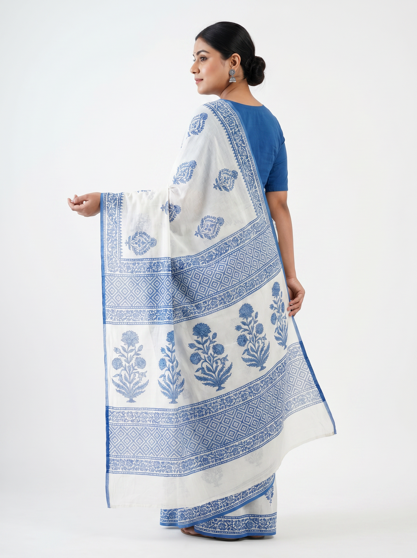 Pure Mulmul Cotton Saree | Teal Blue Handblock Print | Summer & Office Wear | With Blouse image 4