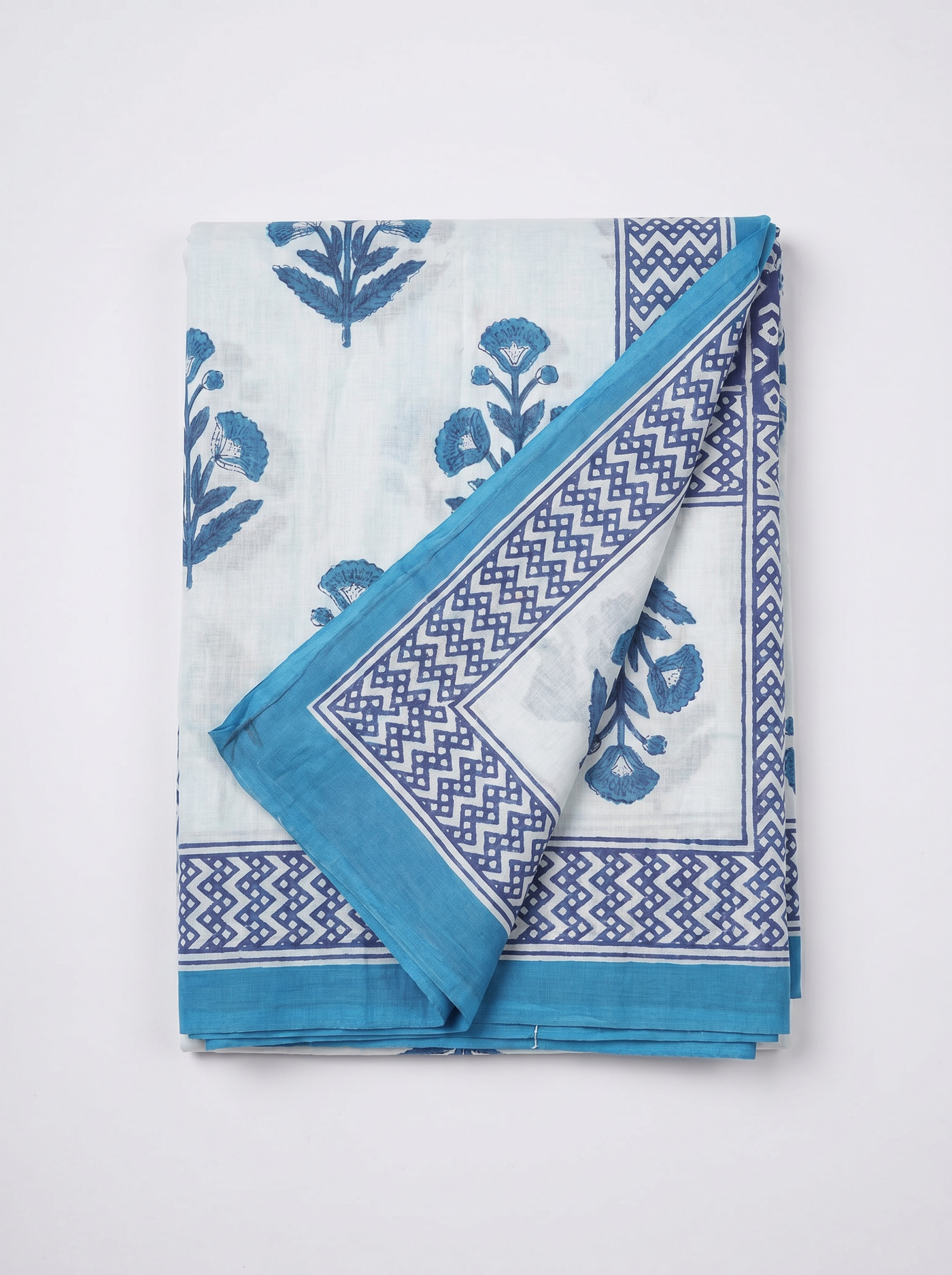 Pure Mulmul Cotton Saree | Teal Blue Handblock Print | Summer & Office Wear | With Blouse image 5