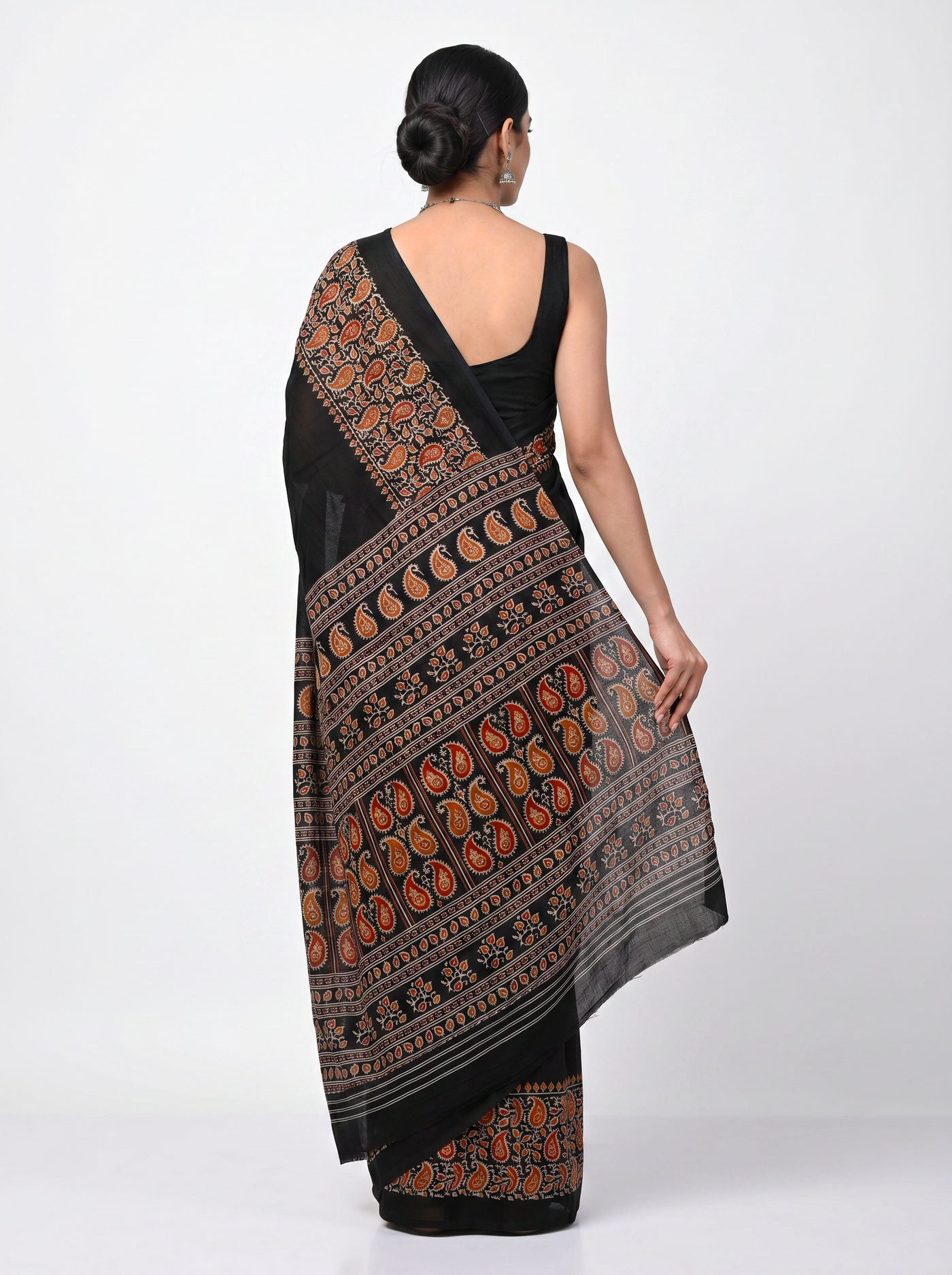 Pure Mulmul Cotton Saree | Charcoal Grey + Black + Grey + Wine Handblock Print | Summer & Office Wear | With Blouse image 3