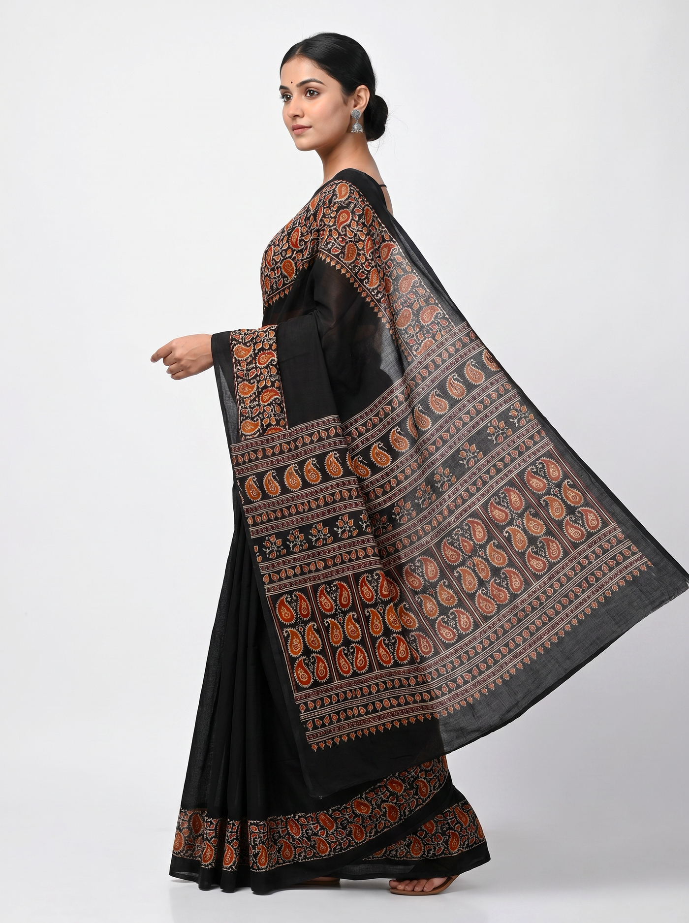 Pure Mulmul Cotton Saree | Charcoal Grey + Black + Grey + Wine Handblock Print | Summer & Office Wear | With Blouse image 4