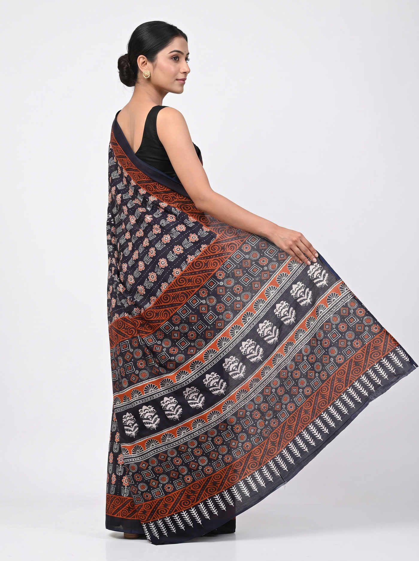 Pure Mulmul Cotton Saree | Charcoal Grey + Grey + Wine Handblock Print | Summer & Office Wear | With Blouse image 4