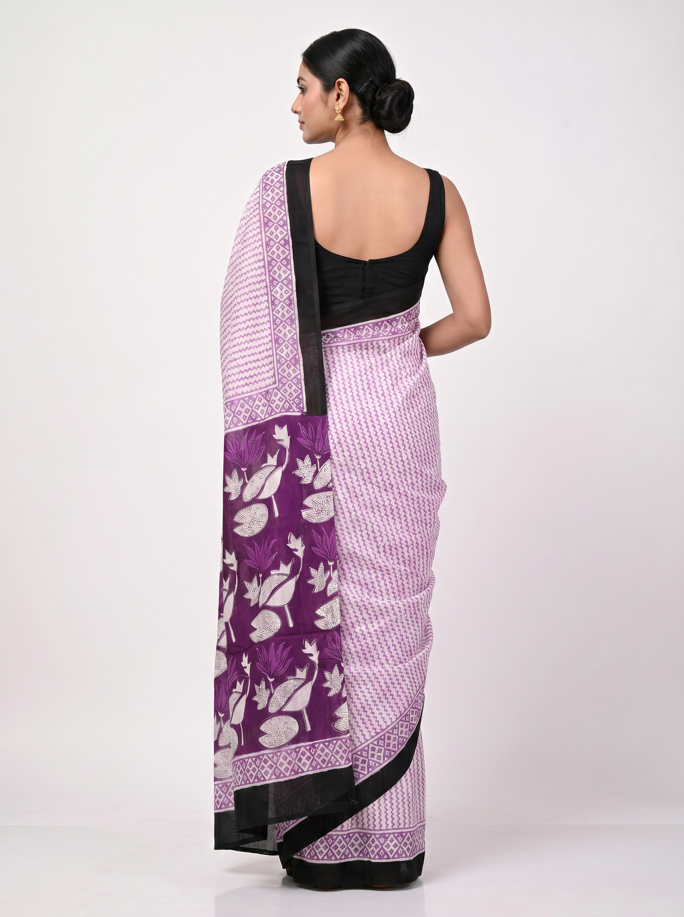 Pure Mulmul Cotton Saree | Dusty Pink + Wine Handblock Print | Summer & Office Wear | With Blouse image 3