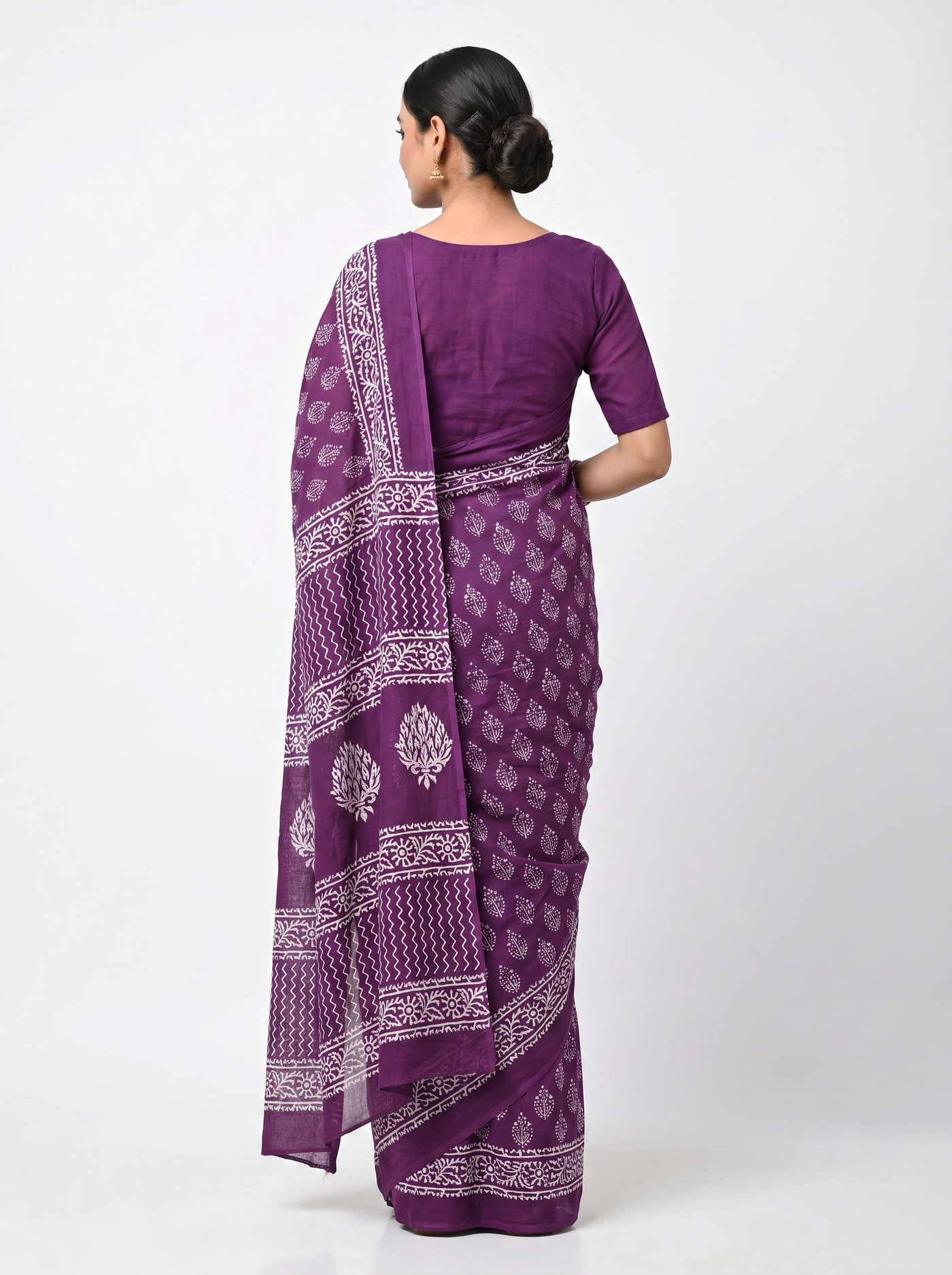 Pure Mulmul Cotton Saree | Dusty Pink + Wine Handblock Print | Summer & Office Wear | With Blouse image 3