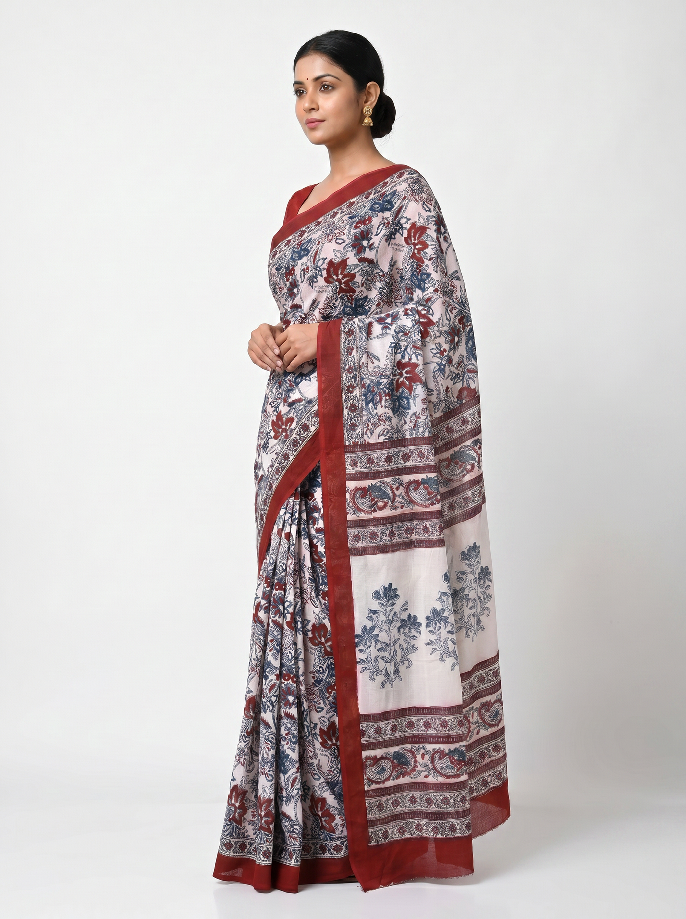 Pure Mulmul Cotton Saree | Grey + Wine Handblock Print | Summer & Office Wear | With Blouse image 2