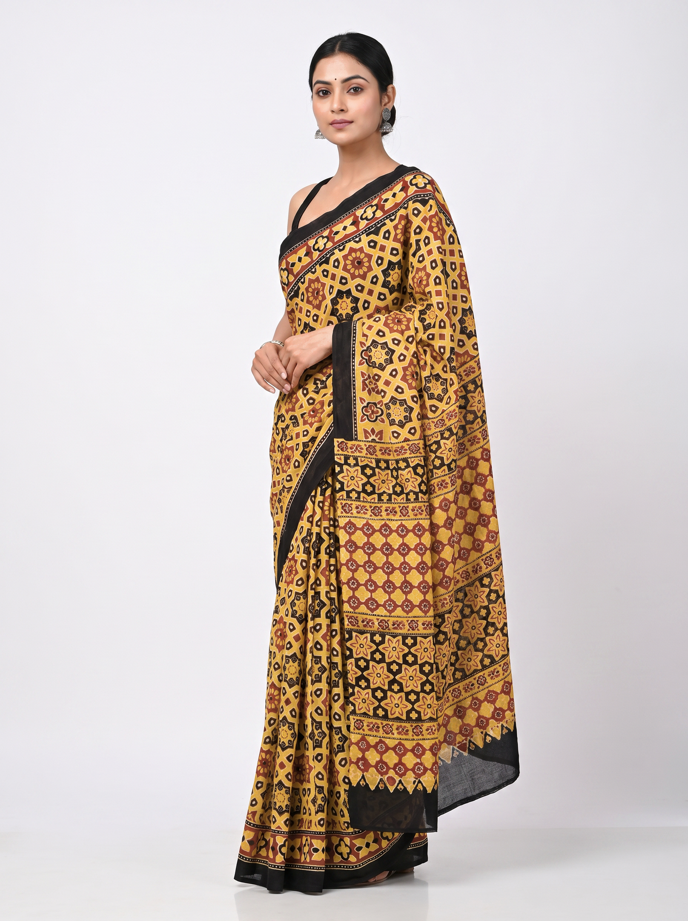 Brick Red + Burnt Orange + Golden pure mulmul cotton saree with blouse