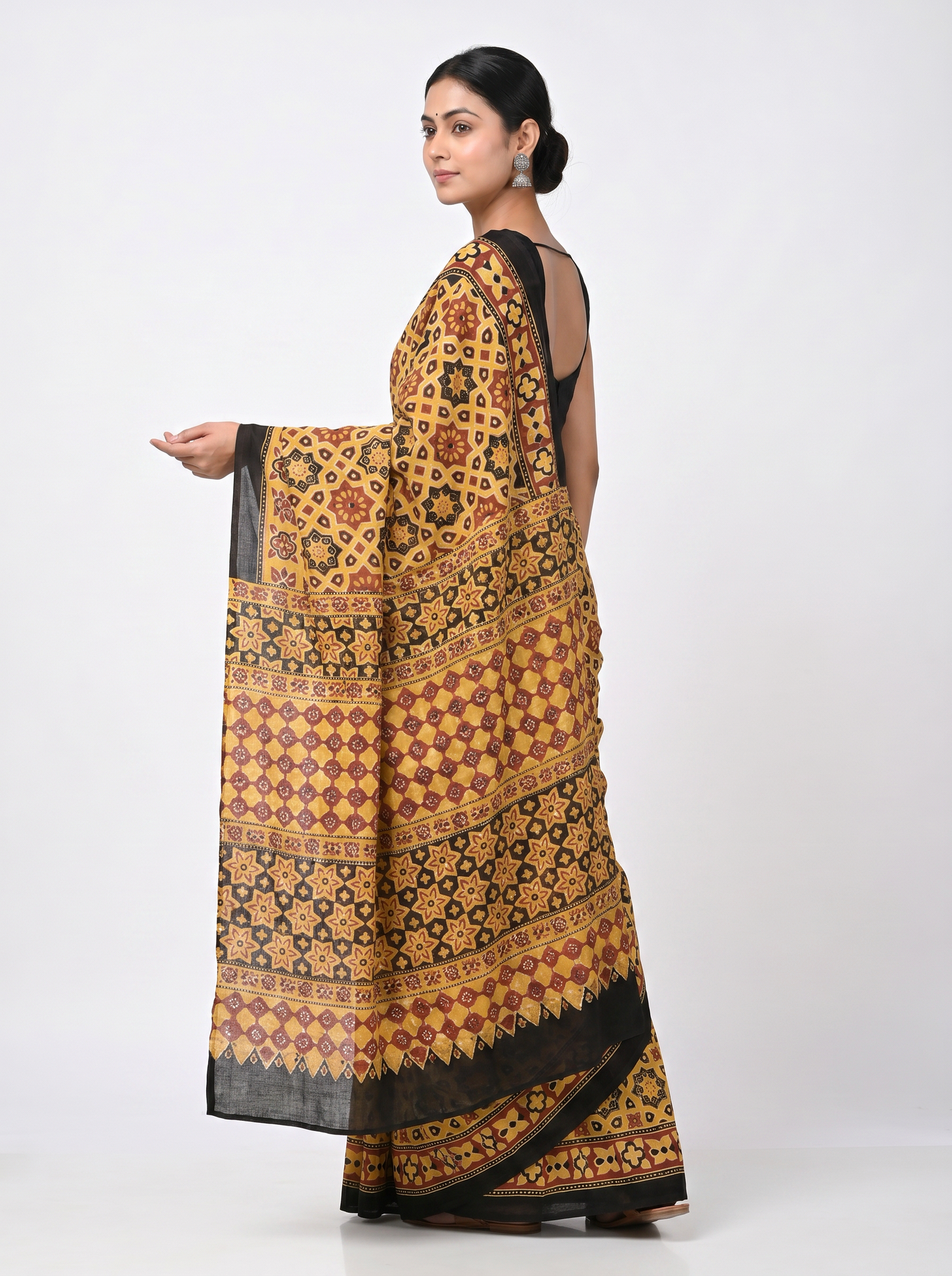 Pure Mulmul Cotton Saree | Brick Red + Burnt Orange + Golden Woven Golden Zari | Festive Wear | With Blouse image 4